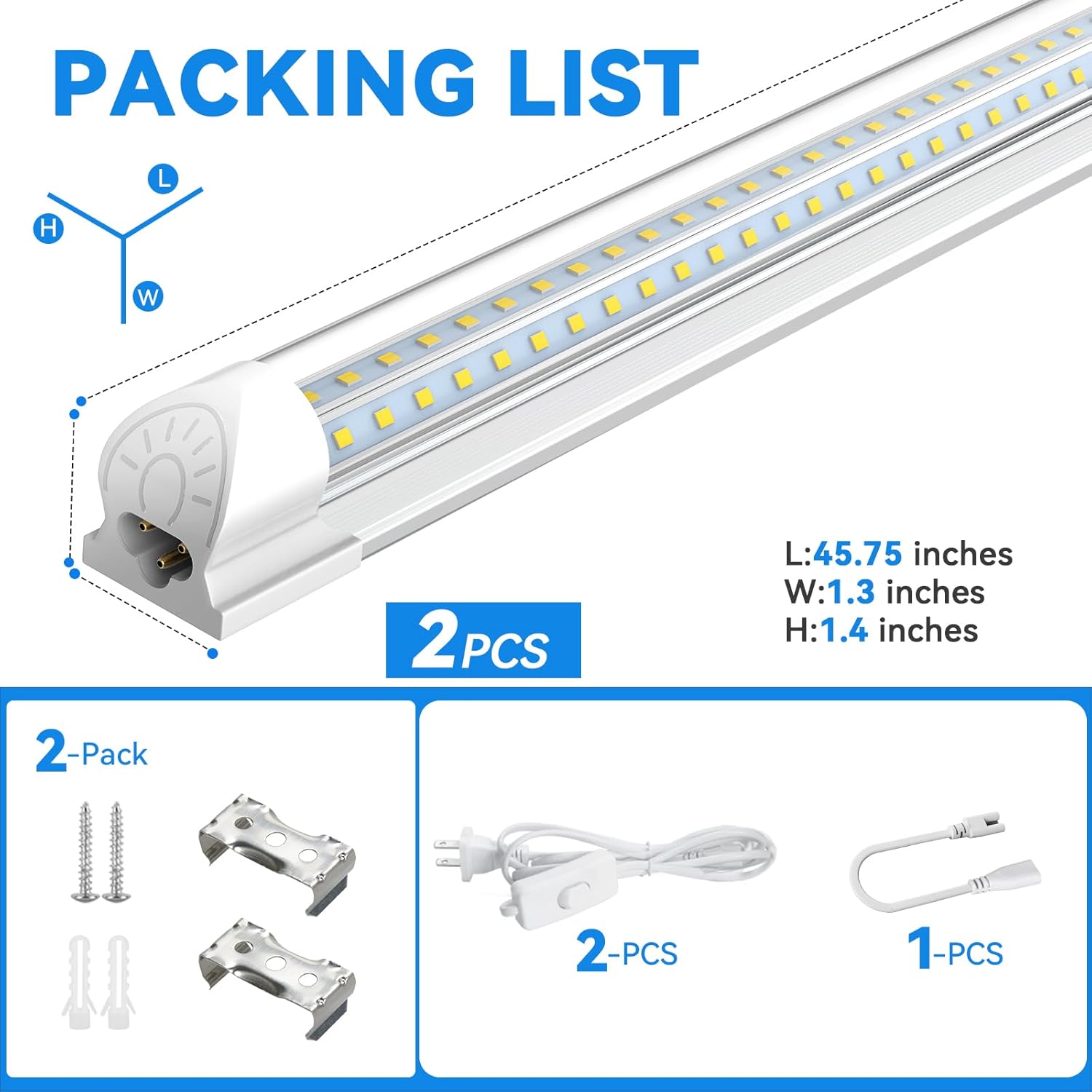 Diagram showing the contents of the CNSUNWAY LED Shop Light package, including two LED lights, two power cords, one extension cord, and mounting hardware.
