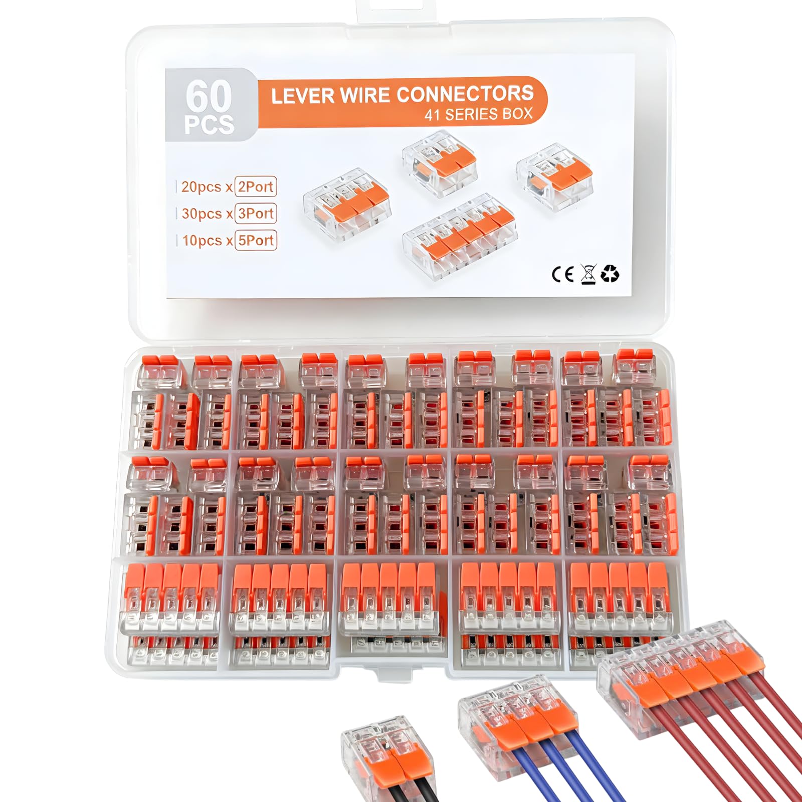 60 Stück Verbindungsklemmen, 412, 413, 415 Kabelverbinder, Beleuchtung Anschlussklemmen, Vielseitige Anwendung Elektroinstallation, Klemmen 2 Polig, 3 Polig, 5 Polig