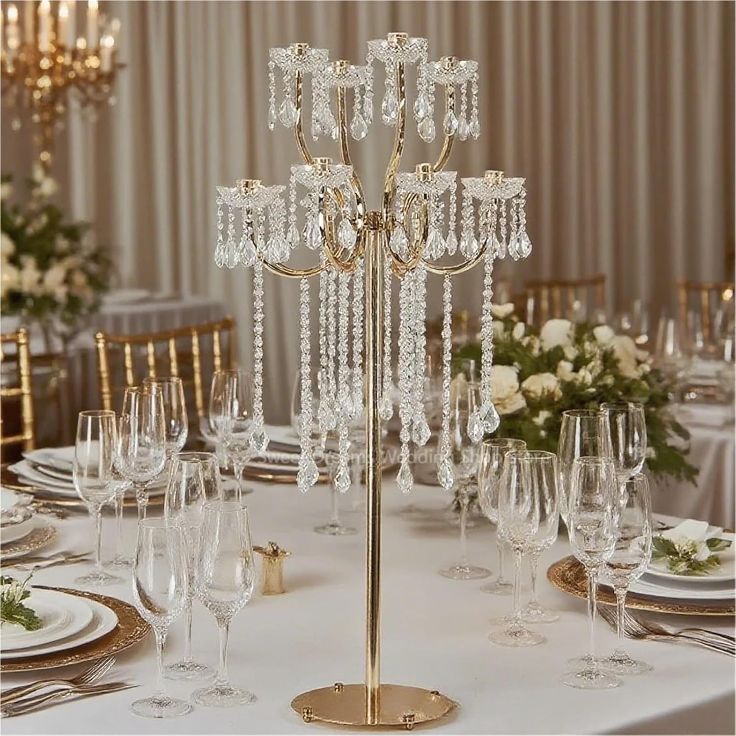Candle Holder Candelabra 12-Arm Crystal for Wedding, Gold Metal Candle Holder Centerpiece with Pendants, Party Home Christmas Decor(4pcs)