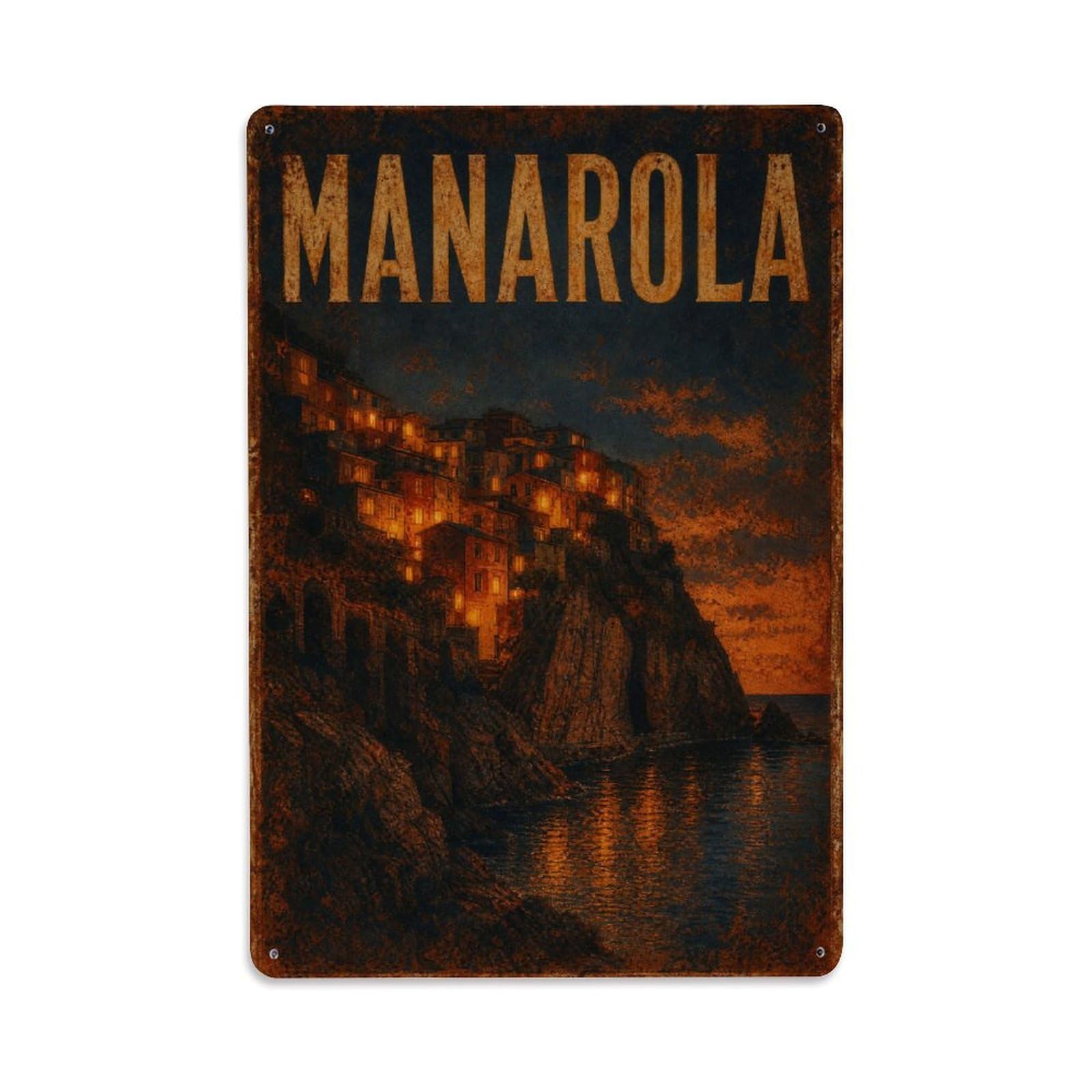 Huiyhb 8X12inch(20X30cm) Vintage Travel Manarola Evening Village Lights Glow Italy Metal Tin Sign