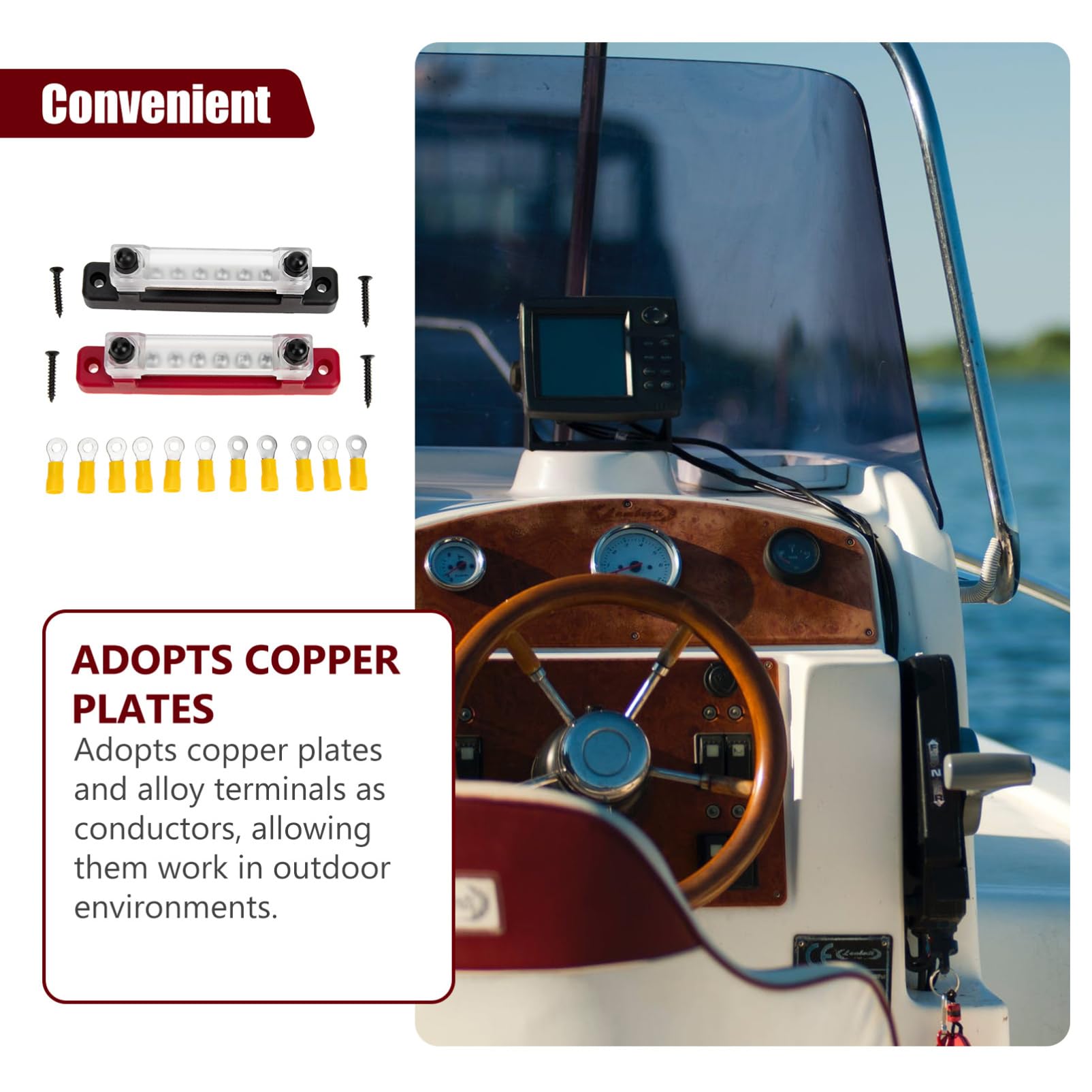 Gadpiparty Morsettiera Batteria Rossa, Barra di Distribuzione in Rame per Camion e Yacht, 12 Terminali Gialli, M4x6 e M6x2