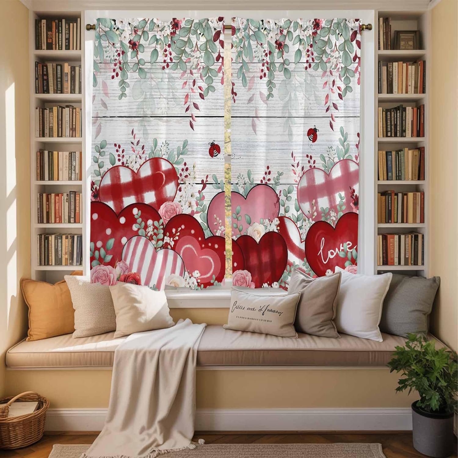 Love Heart Valentine's Kitchen Curtains, Eucalyptus Botanical Red Pink Vintage Light Filtering Window Curtain, 2Pcs Rod Pocket Window Treatments Set for Living Room Bathroom Bedroom 42x63 Inches