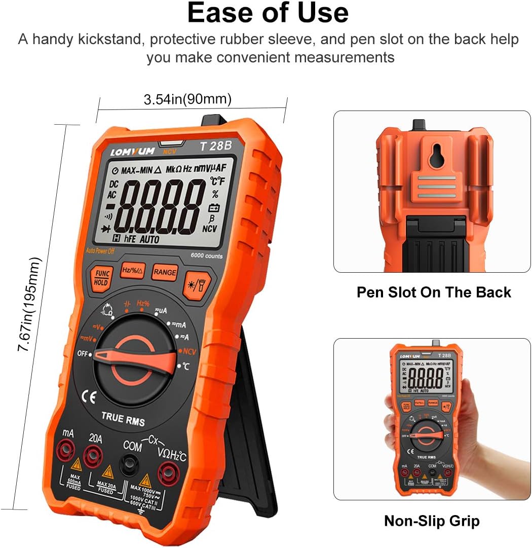 Lomvum Digital Multimeter, 6000 Counts Electrical Tester AC/DC Voltage Current Detector, NCV, Resistance, Capacitance, Diode Electronic, Duty Cycle Tester