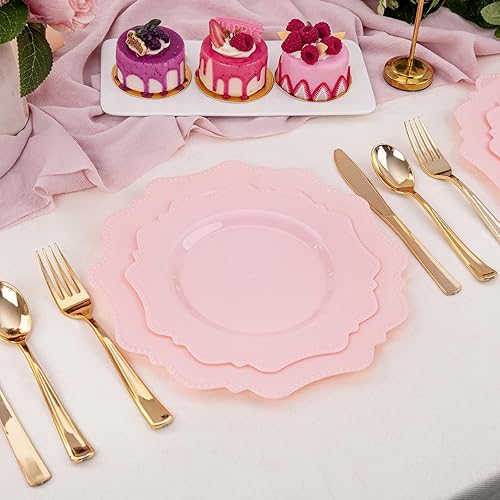 Miniatura 7 de COLOSUS Juego de platos desechables de plástico rosa para fiesta, paquete de 60 (30 invitados), platos para cena y ensaladapostre para primavera,