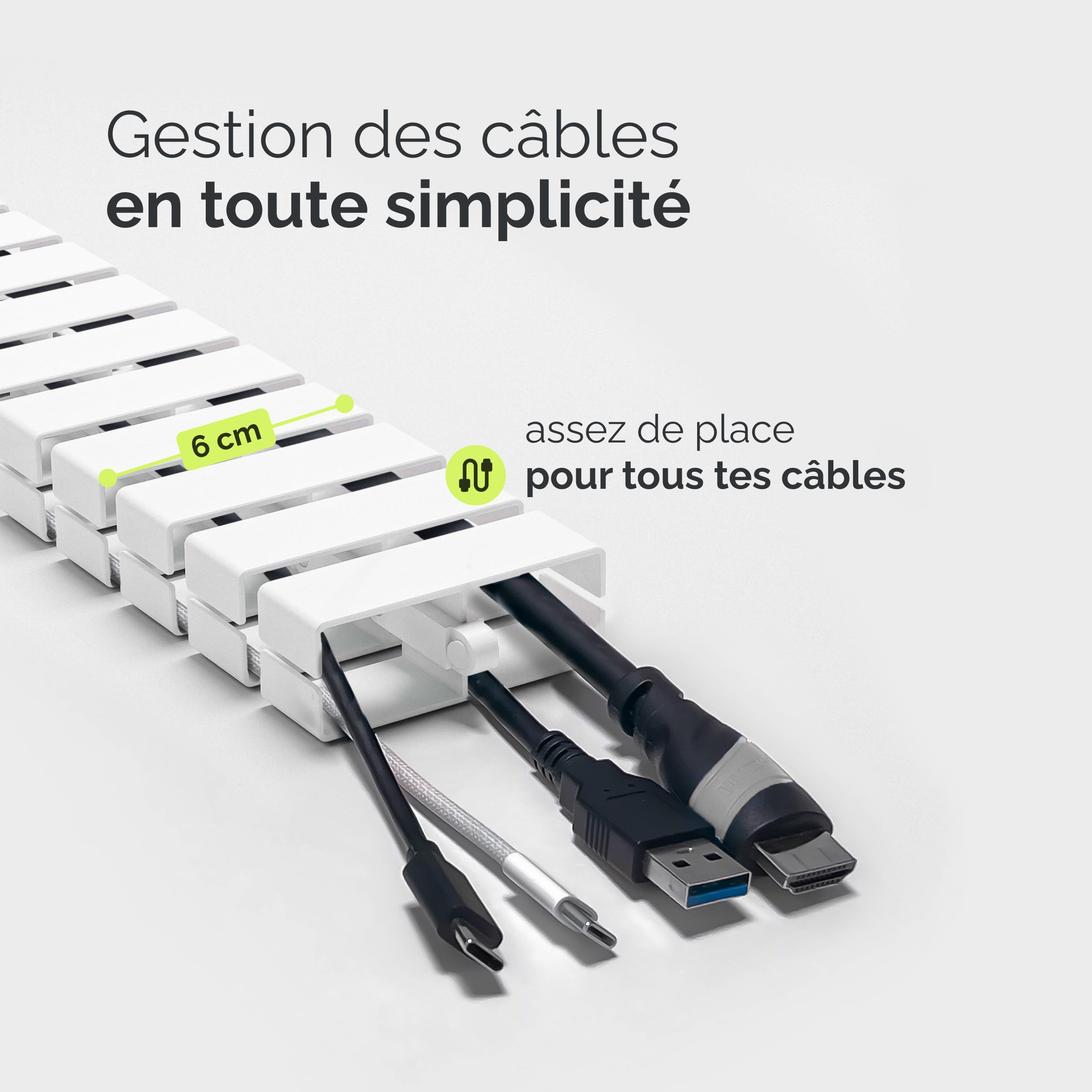 VALU Gestion de Câbles Bureau Premium – Gaine câble 128 cm Flexible pour Bureau réglable en Hauteur – Montage vis ou adhésif – 4 aimants & 3 organisateurs de câble Inclus