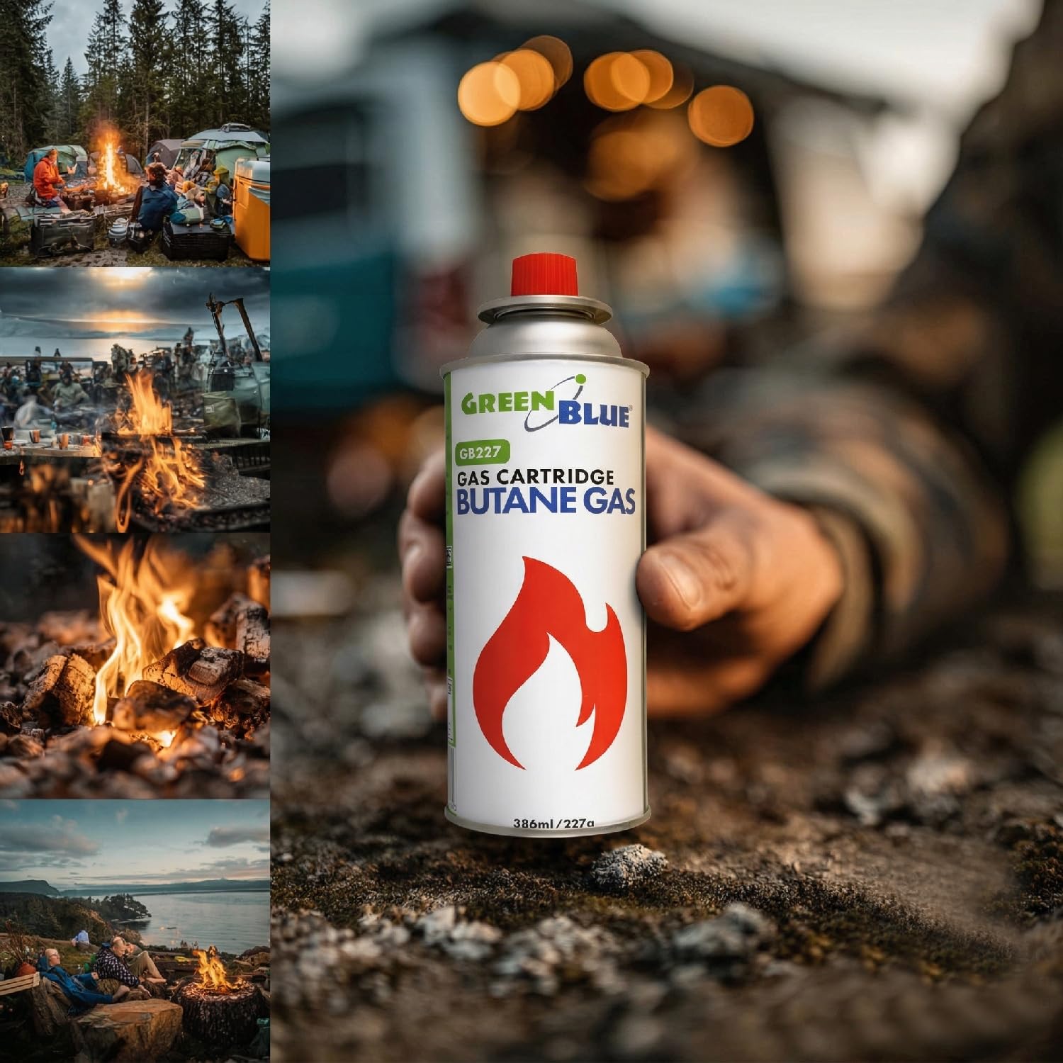 Green Blue GB227 Gaskartusche 227 g (386 ml) Butan, EN417, mit Gewinde, automatisches Ventil, wiederverwendbar, für Campingkocher | Einsatzbereich: -10 °C bis +40 °C (56, farblos)