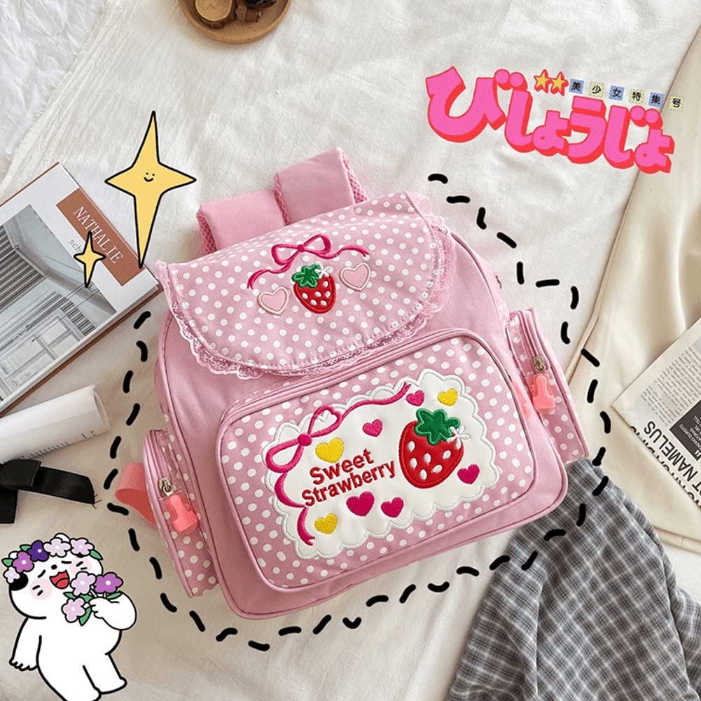 Plecak w stylu japońskim Kawaii z haftowanym truskawkowym szyciem, mini plecak z koronkowym wzorem truskawki, uroczy plecak szkolny dla dziewczynki