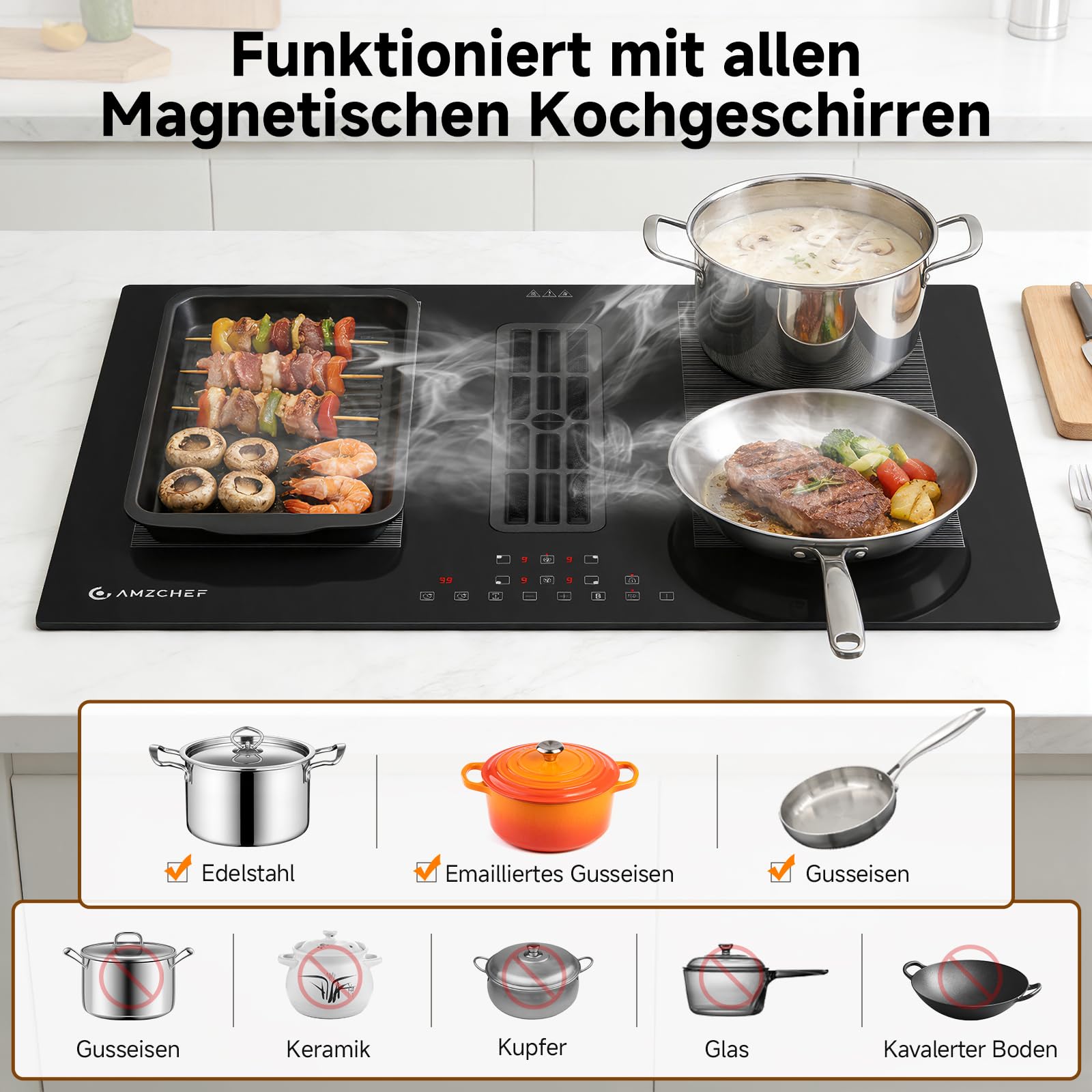 AMZCHEF Induktionskochfeld mit Integriertem Dunstabzug, 4 Kochzonen, 7200W Gesamtleistung, 650m³/h Automatische Hob2Hood-Belüftung, 9 Leistungsstufen, Timer & Kindersicherung, Boost & Flexzonen
