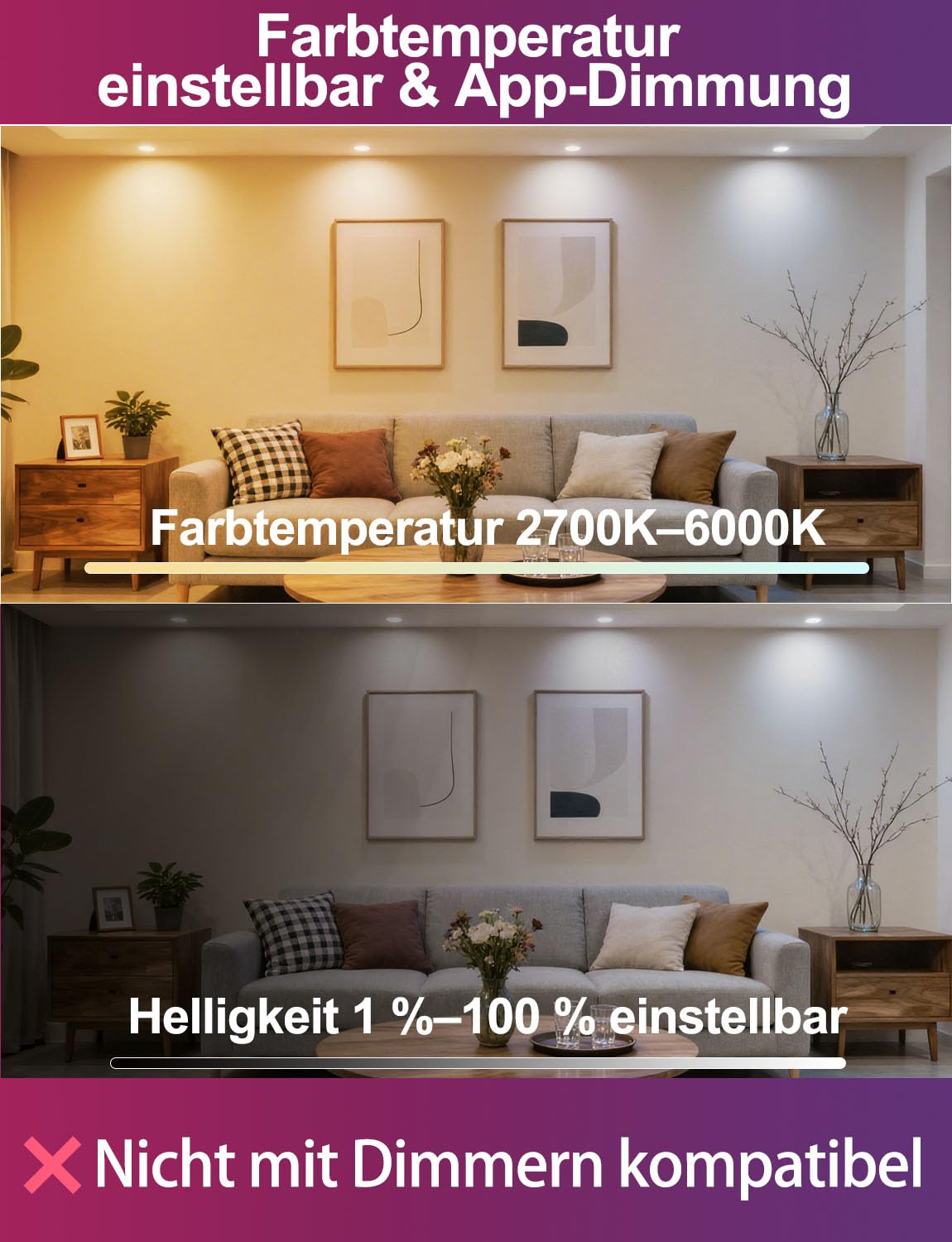 iLC LED Einbaustrahler 8W(ersetzt 60W), Ausschnitt 68-85mm, 16 Millionen Farben mit App-Steuerung, 800lm, 2700K-6000K+RGB, Bluetooth Rund Deckenspots IP44 für Wohnzimmer Schlafzimmer Küche (8er-Pack)