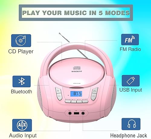 Miniatura 16 de Boombox reproductor de CD portátil con Bluetooth, radio FM, reproducción de MP3 USB, reproductores de CD para el hogar o al aire libre Verde
