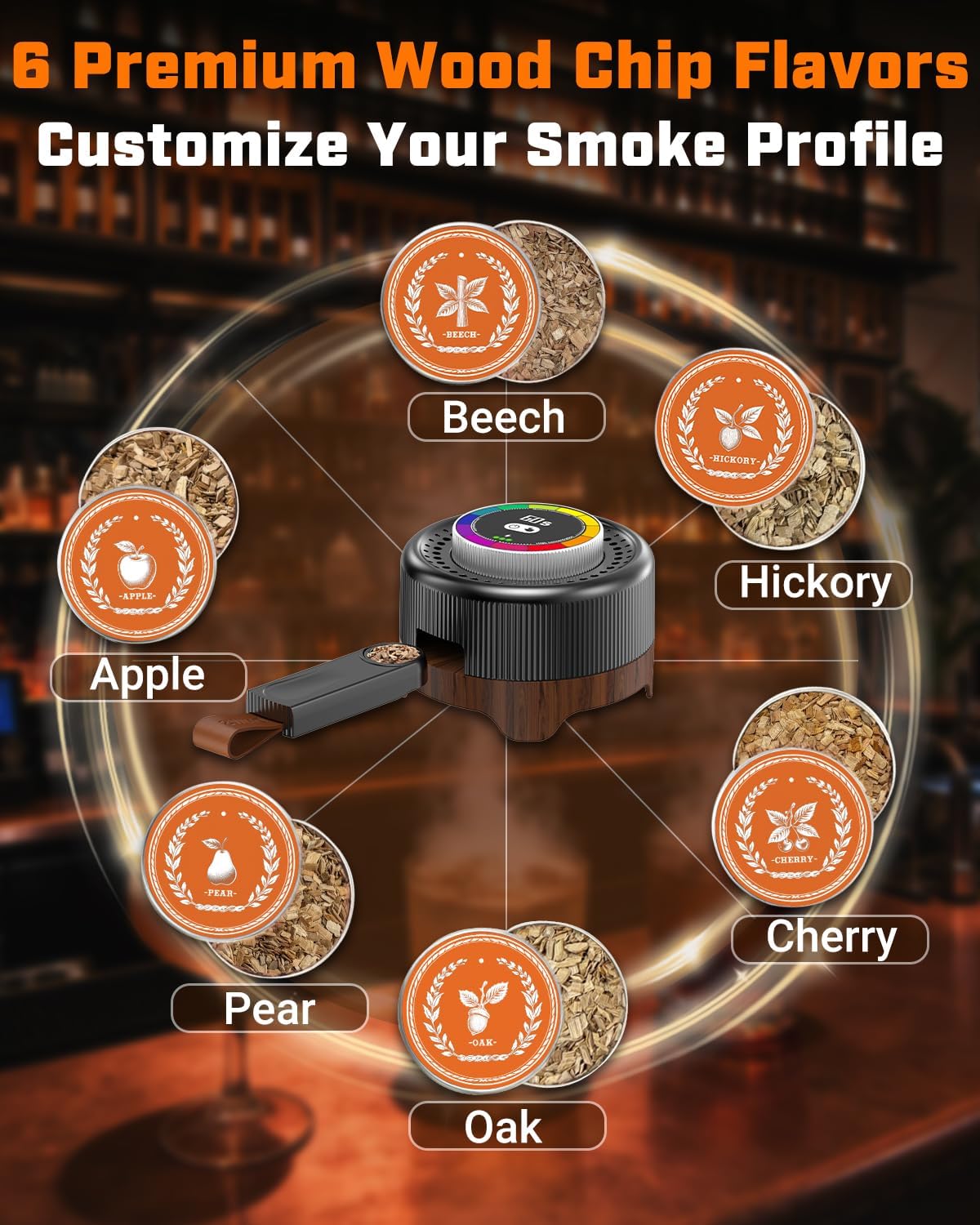 Electric Whiskey Smoker Kit with Adjustable Smoke Control (0–60s), Cocktail Smoker Kit with 6 Wood Chips, No Butane Needed, Old Fashioned Smoker Kit, Bourbon Gifts for Men, Wood Grain