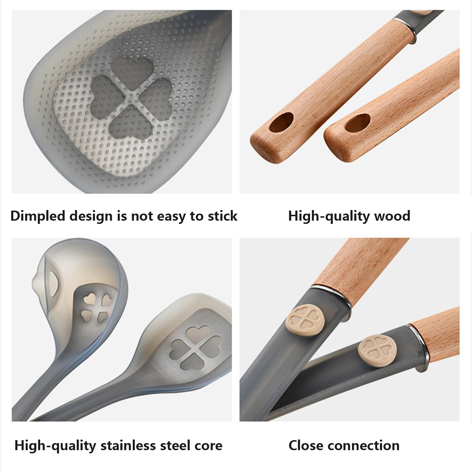 Ensemble d'ustensiles de cuisine en silicone, 3 ustensiles de cuisine antiadhésifs avec poignées en bois, résistant à la chaleur, passe au lave-vaisselle, spatule, cuillère à soupe, cuillère à riz