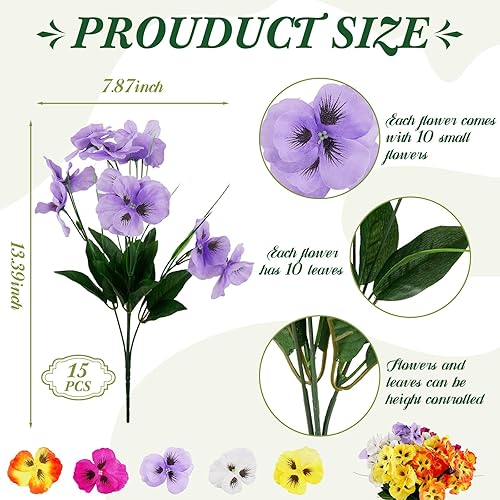 Miniatura 2 de Tigeen 15 piezas de pensamientos artificiales multicolor artificiales para exteriores, flores de imitación para macetas al aire libre, flores de