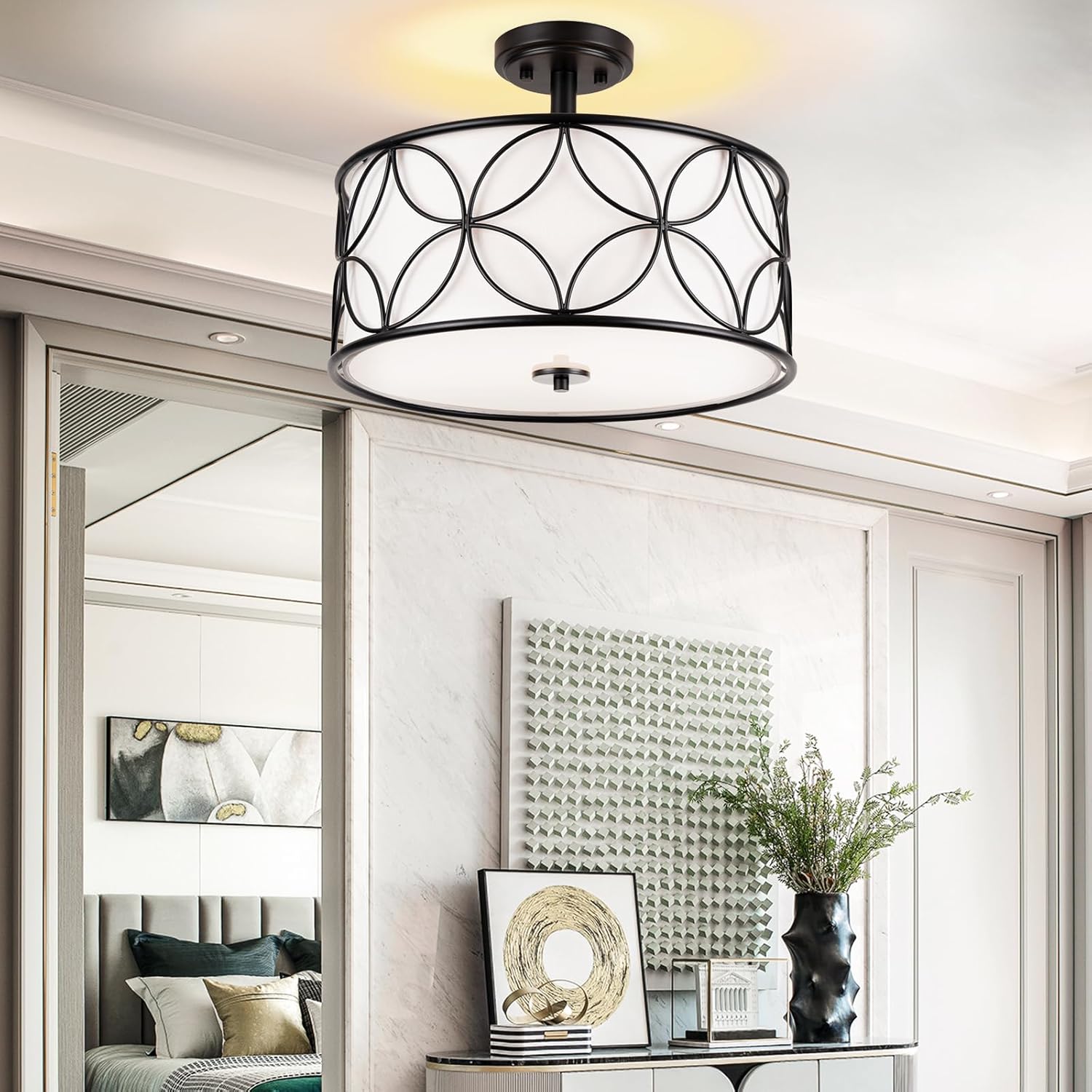 Edwarmlux 3-Light Semi Flush Mount Ceiling Light, 16" Drum Light with Fabric Shade, Modern Close to Ceiling Lamp for Living Room Bedroom Dining Room Kitchen Hallway Entry Foyer (Black)