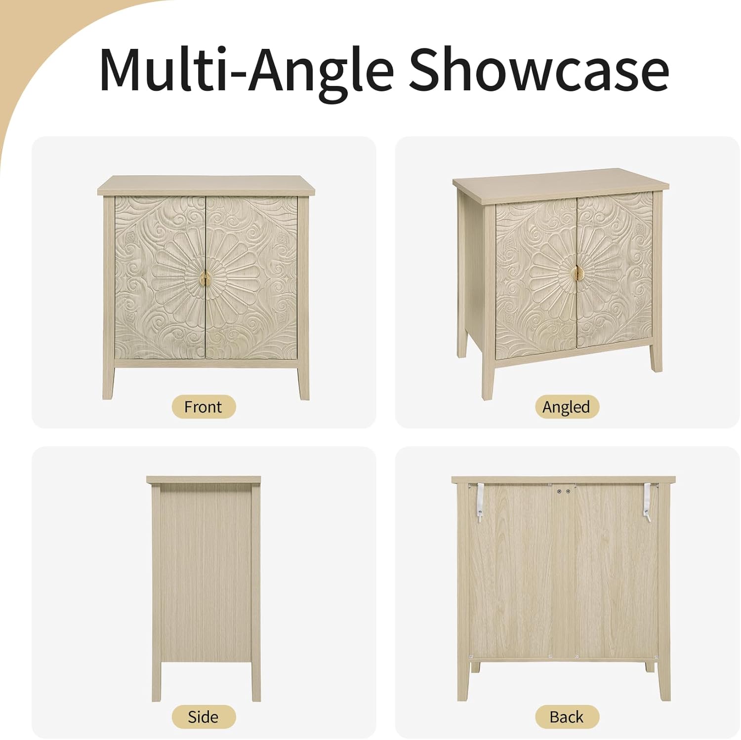 Accent Storage Cabinet with Doors, 31.5" Small Decorative Cabinet with Carved Doors & Adjustable Shelf, Entryway and Living Room Storage Organizer, Distresesd Finish with Gold Handle, Natural