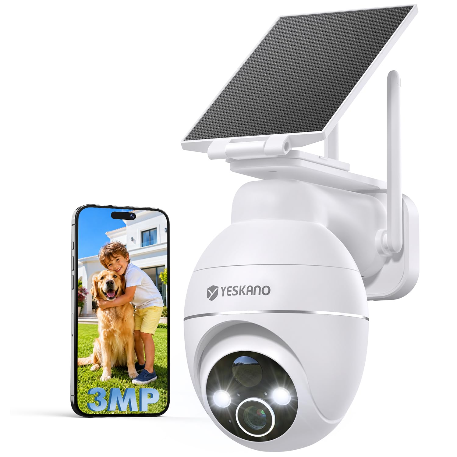 YESKANO Camara Vigilancia WiFi Exterior Solar 2K sin Cables | Panel Solar con Batería, 360° PTZ, Visión Nocturna Color, Detección PIR, Audio Bidireccional, IP66, sin Suscripción (Blanco) Global Recycled Standard Global Recycled Standard Global Recycled Standard