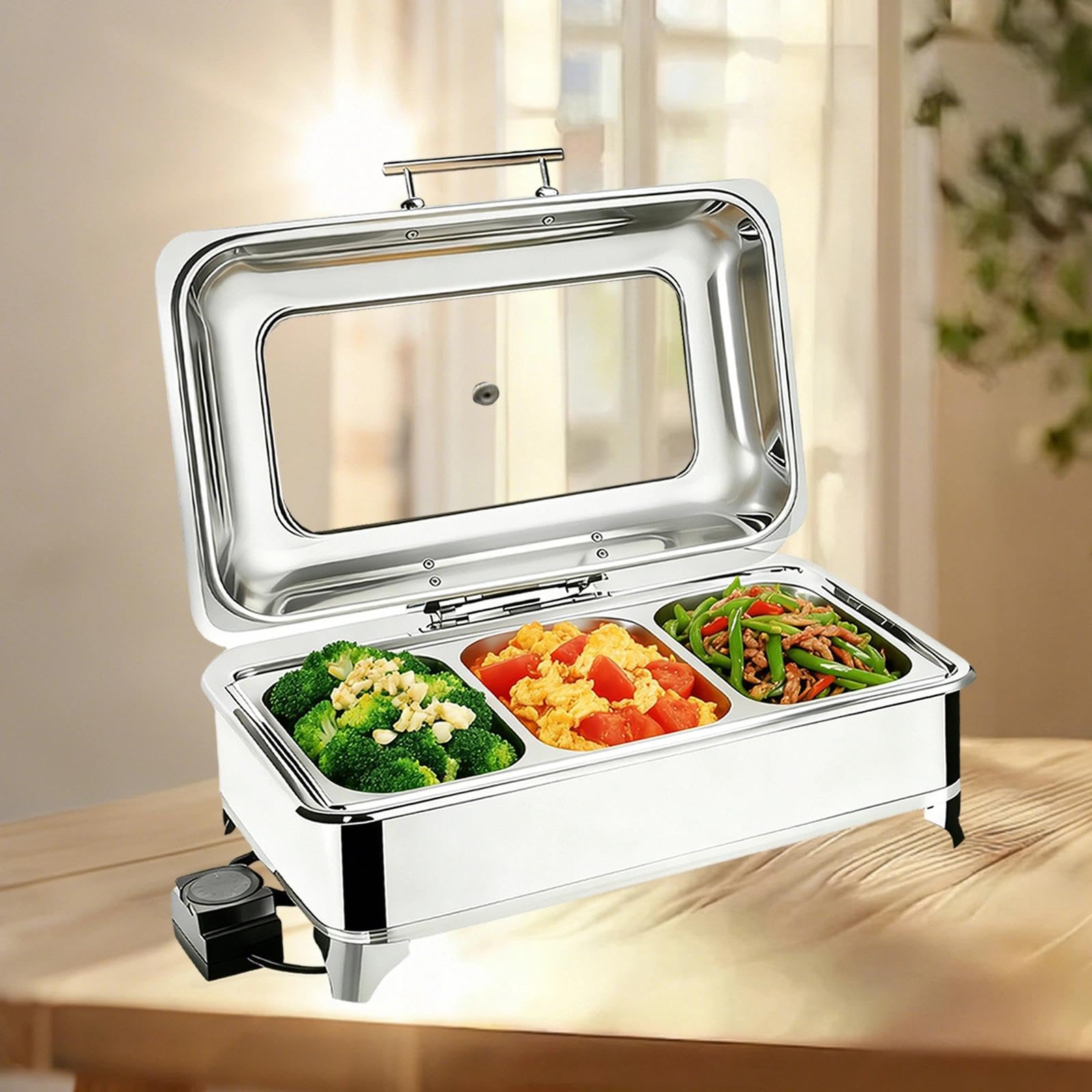 Chafing Dish Elettrico, 9L Scaldavivande Elettrico in Acciaio Inossidabile con Regolazione della Temperatura e Finestra Vetrata, Professionale Chafing Dish per Buffet, Ristorante(1/3)
