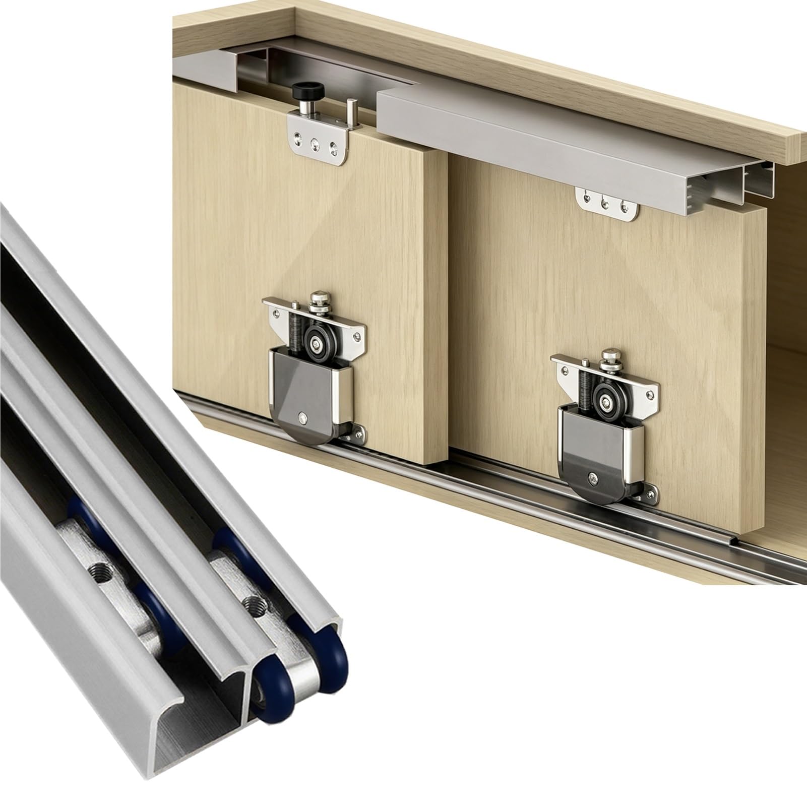 Sistema de rieles de madera corrediza para puertas de armario y gabinete, kit de herrajes antivibración para puertas de armario y gabinete, soporta 88 libras, color plateado, 135 cm de alto, ideal