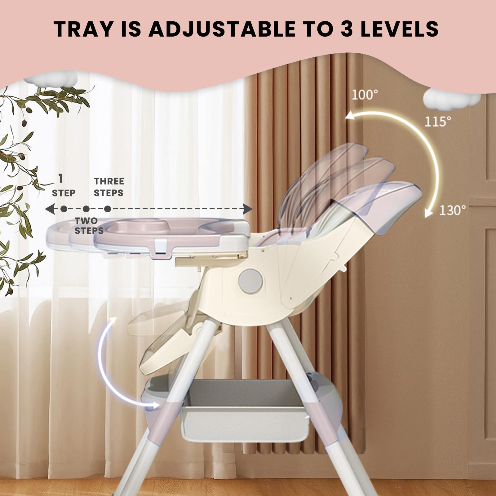 UBRAVOO Trona Evolutiva Bebe Silla de Comedor Plegable 3 en 1 Doble Bandeja de Comida Arnés de Seguridad de 5 Puntos Adecuado Para Niños De 6 a 36 Meses Capacidad de Peso 40KG (Rosa)