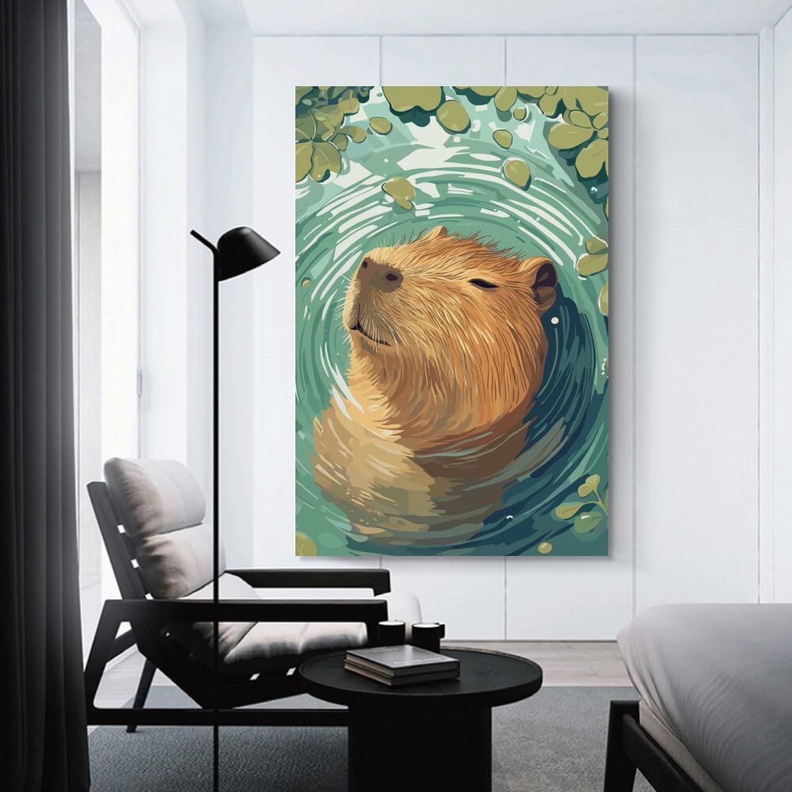 Junmoney Wall Decor Canvas Print Capybara in Water with Leaves, 20x30inch(50x75cm), for Bedroom Walls, Guest Spaces Or Lounges, Decorative Wall Art for Cosy Rooms