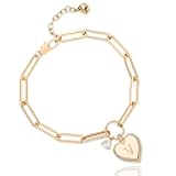 Gold Charm Initial Bracelets for Women, 14K Gold Plated Dainty Heart Bracelet for Women, Best Friend Sister Paperclip Chain Love Bracelet, Pulseras de Mujer