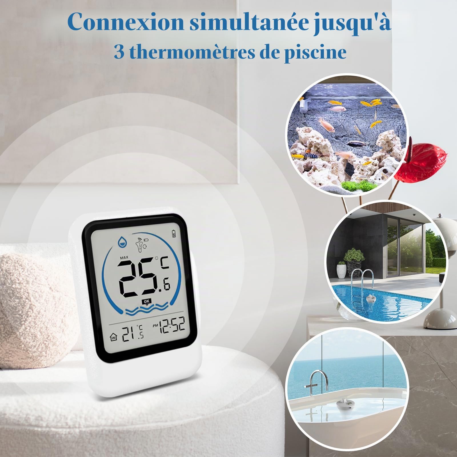 Thermometre Piscine, Thermomètre de Piscine Sans Fil étanche IP68, Thermomètre pour Piscine Numérique Flottant Sans Fil, Thermometre d'eau Intérieur Extérieur pour Aquariums, Baignoires, étangs