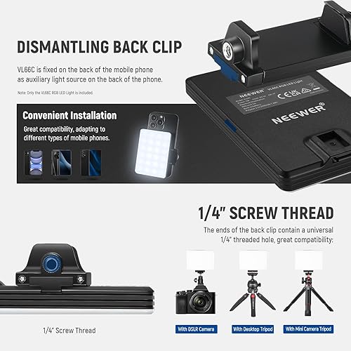 Miniatura 8 de NEEWER Luz LED RGB para teléfono con soporte para teléfono y clip de luz, CRI regulable 97+ 3 modos de luz de teléfono, batería integrada de 2000