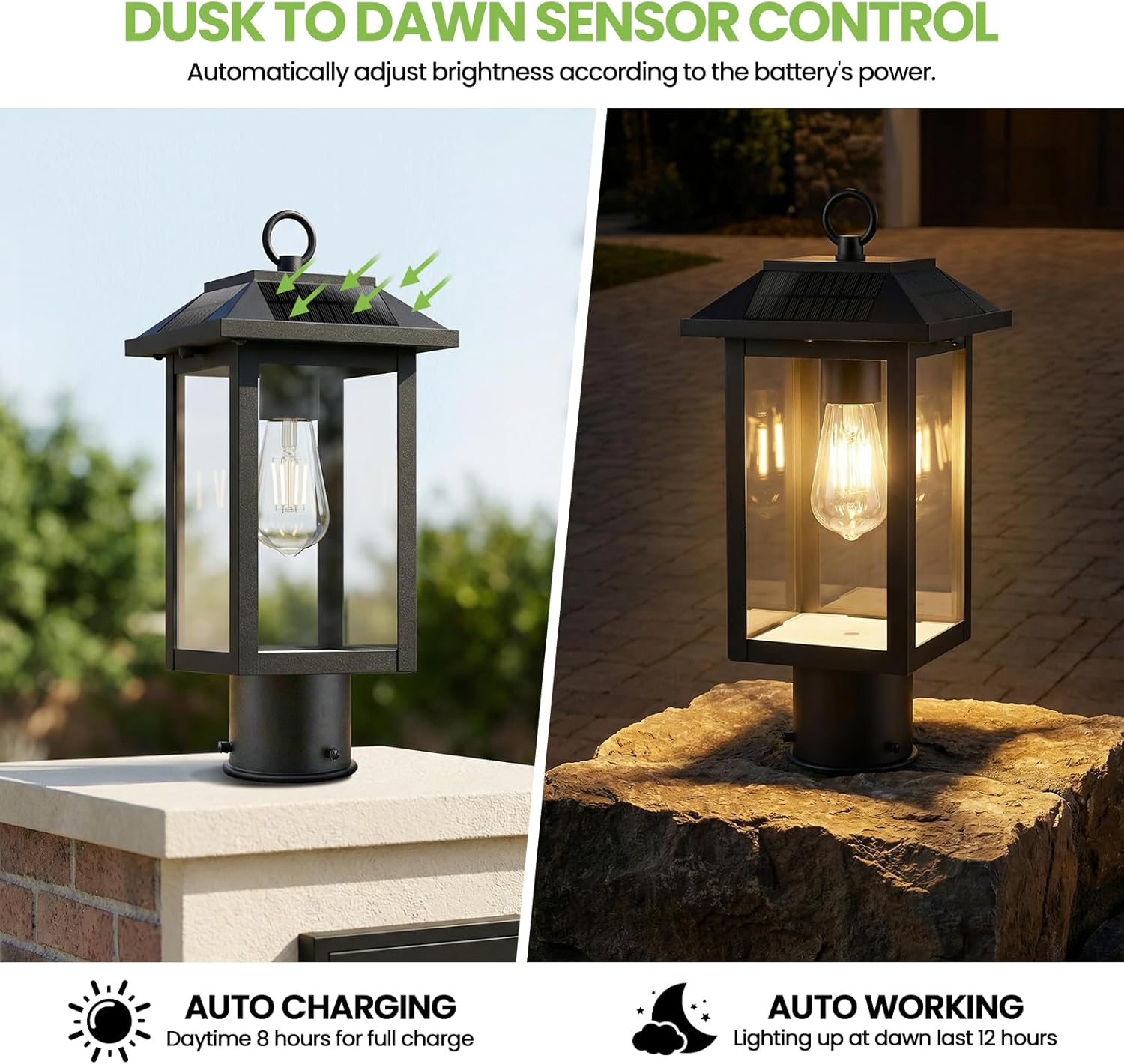 Solar Post Lights, Dusk to Dawn Solar Lamp Post Light with Pier Mount Base, 2700K Post Lights Outdoor Waterproof, Vintage Street Lights for Lawn Garden Yard Pole Pillar (E26 Bulbs Included)