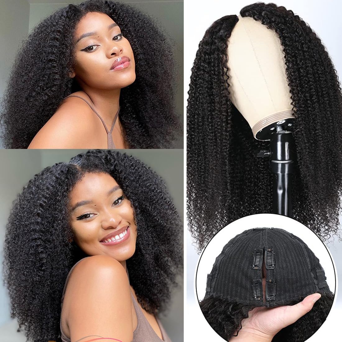 Romface V Part Afro Kinky Curly Wig - 180% Density Brazilian Remy Curly Human Hair - No Glue - Beginner Friendly - Natural Color - 22 inch
