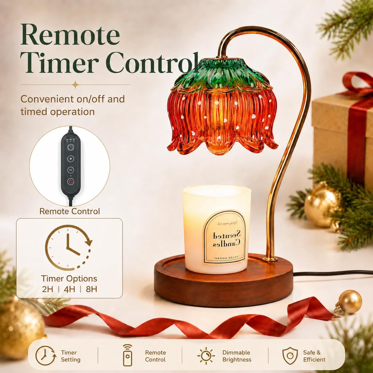Decorative Candle Warmer Lamp with Timer and Dimmer, Flower Glass Candle Lamp with Dual 50W Bulbs for Scented Jar Candles, Flameless Candle Warmer with Natural Wood Base