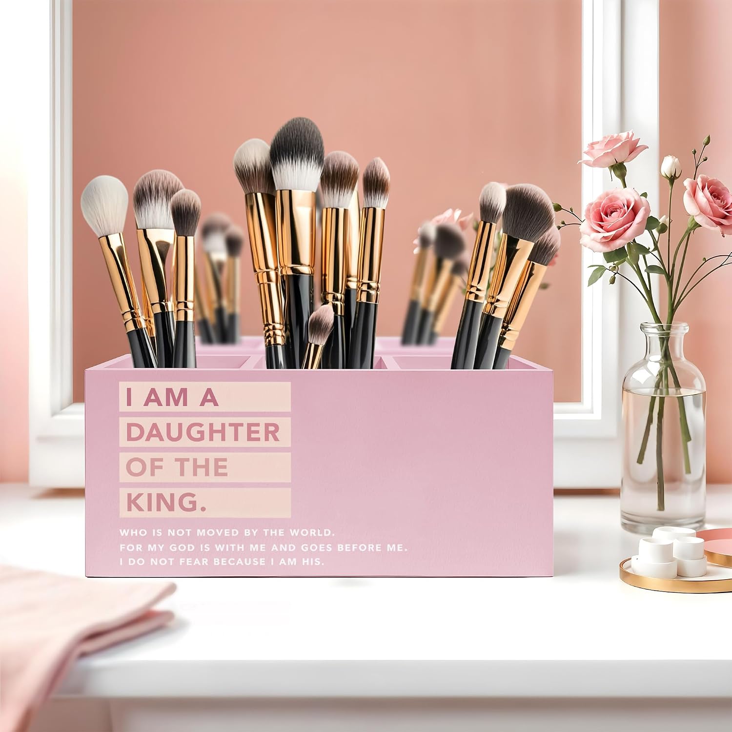 Pink Christian Makeup Brush Holder, Pink Preppy Toothbrush Holders for Girly Bathroom, Daughter of the King Bible Verses Pen Holder Organizer for Dorm Bedroom Desk Accessories