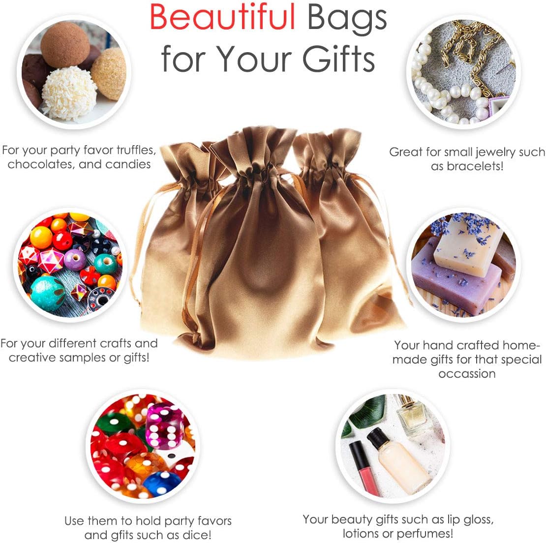 50 Pack 6" x 9" Old Gold Satin Gift Bags with Drawstring, Large Gift Pouches, Wedding Favor Bags for Baby Shower Birthday Party Small Business image 2