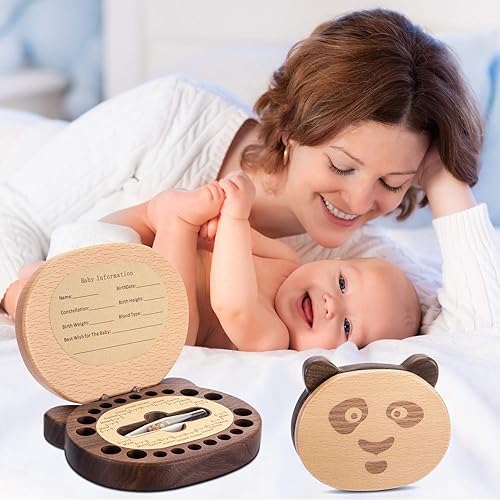 Miniatura 3 de AhfuLife Caja de recuerdo de dientes de bebé con botella de lanugo, caja de recuerdo de madera con forma de panda para los primeros dientes