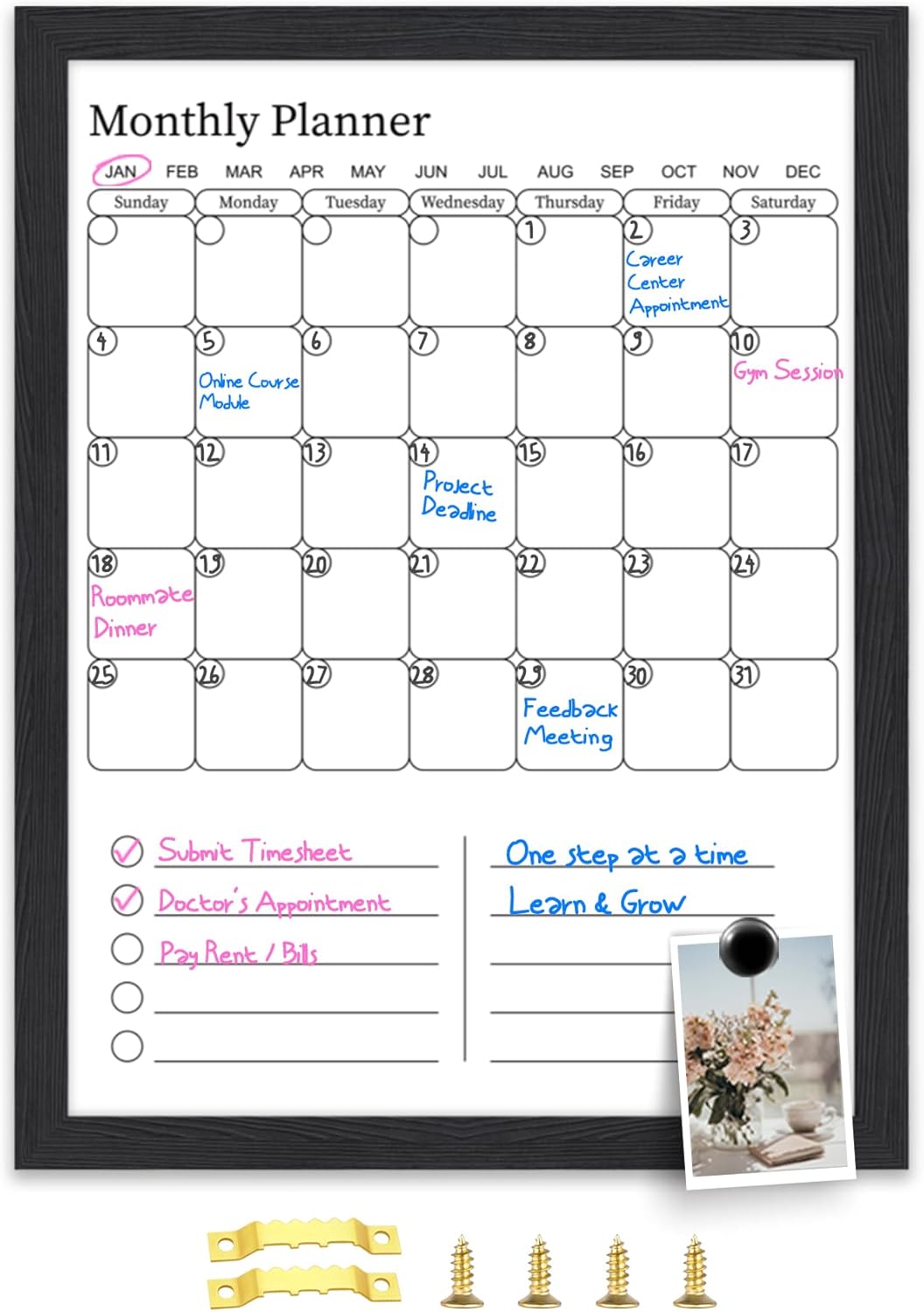 ホワイトボードカレンダー 壁用 17x13インチ 磁気面カレンダーホワイトボード 2イン1プランナー 縦型レイアウト ブラック木製フ