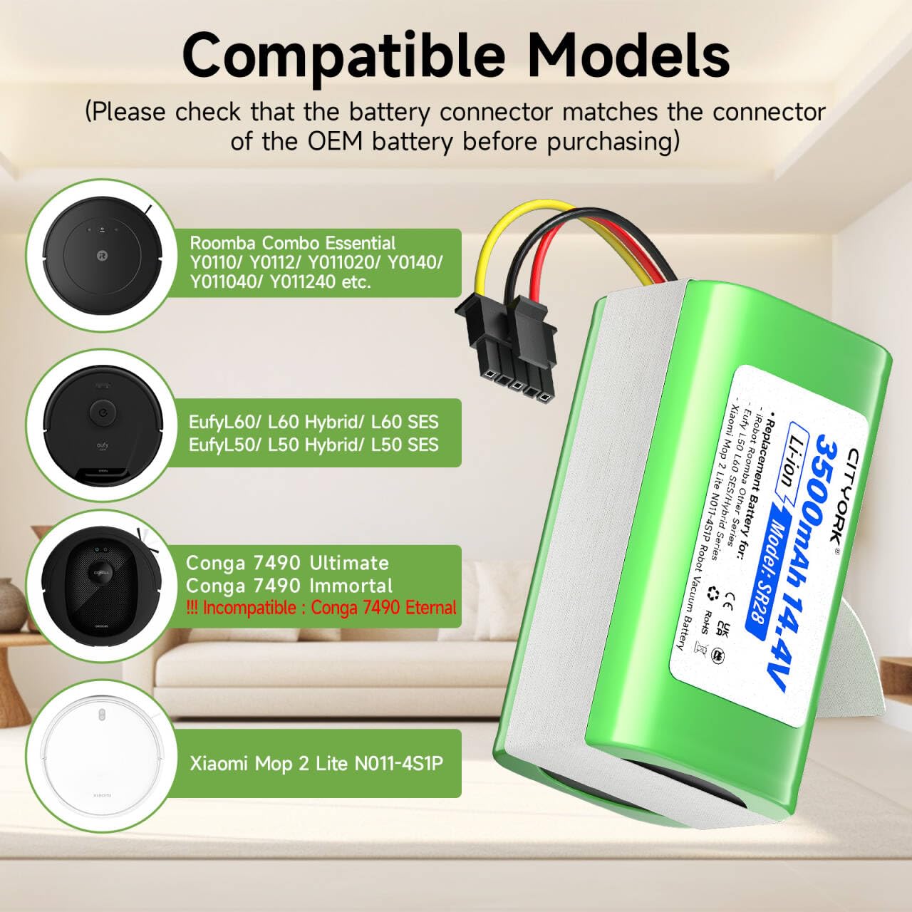 CITYORK 14.4V/3500mAh Batería para iRobot Roomba Combo Essential Y0110/ Y0112/ Essential 2/ Combo Essential Y0110/ Y011020/ Y011040/ Y0112/ Y011240, para Eufy L50 L60 Hybrid/SES Bateria