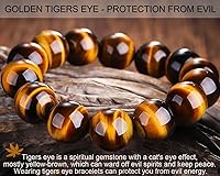 Vista 145 de 12MM Tiger Eye Bracelet Men Natural Golden Yellow Cats Eye Handmade Stretch Jewelry for about 8 inch Wrist Size Bring Luck Fortune Courage