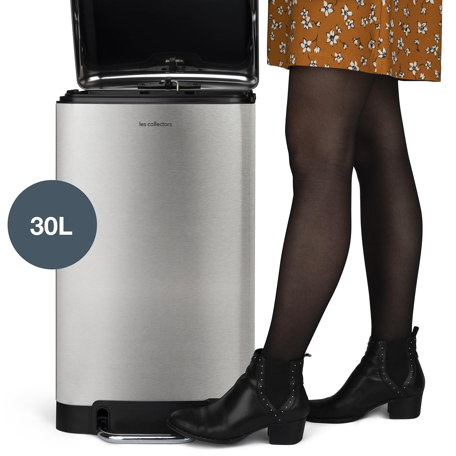 Les Collectors, Cubo de basura de cocina a pedal N°712, Acero inoxidable, Capacidad 30L, Compatible con bolsa 30L, Práctico, Cierre silencioso, Cubo interior extraíble, Acabado mate, Color Acero inox