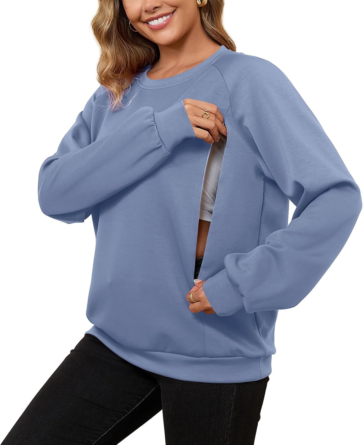 DEBELLY Nursing Friendly Sweatshirt for Breastfeeding Women Dual Zippers Nursing Top Long Sleeve Crew Neck Casual Wear