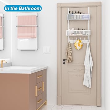 Over The Door Hooks Organizer, Over Door Storage with 12 Coat Hooks and 2 Mesh Basket, Bathroom Door Organizer Towel Rack Back of Door Hanger Organizer for Bedroom, Kitchen(White) | 12 Coat Hooks and 2 Mesh Basket,Space-Saving,Back Storage Organizer,Over The Door Towel Rack,for Bathroom,Bedroom,Kitchen