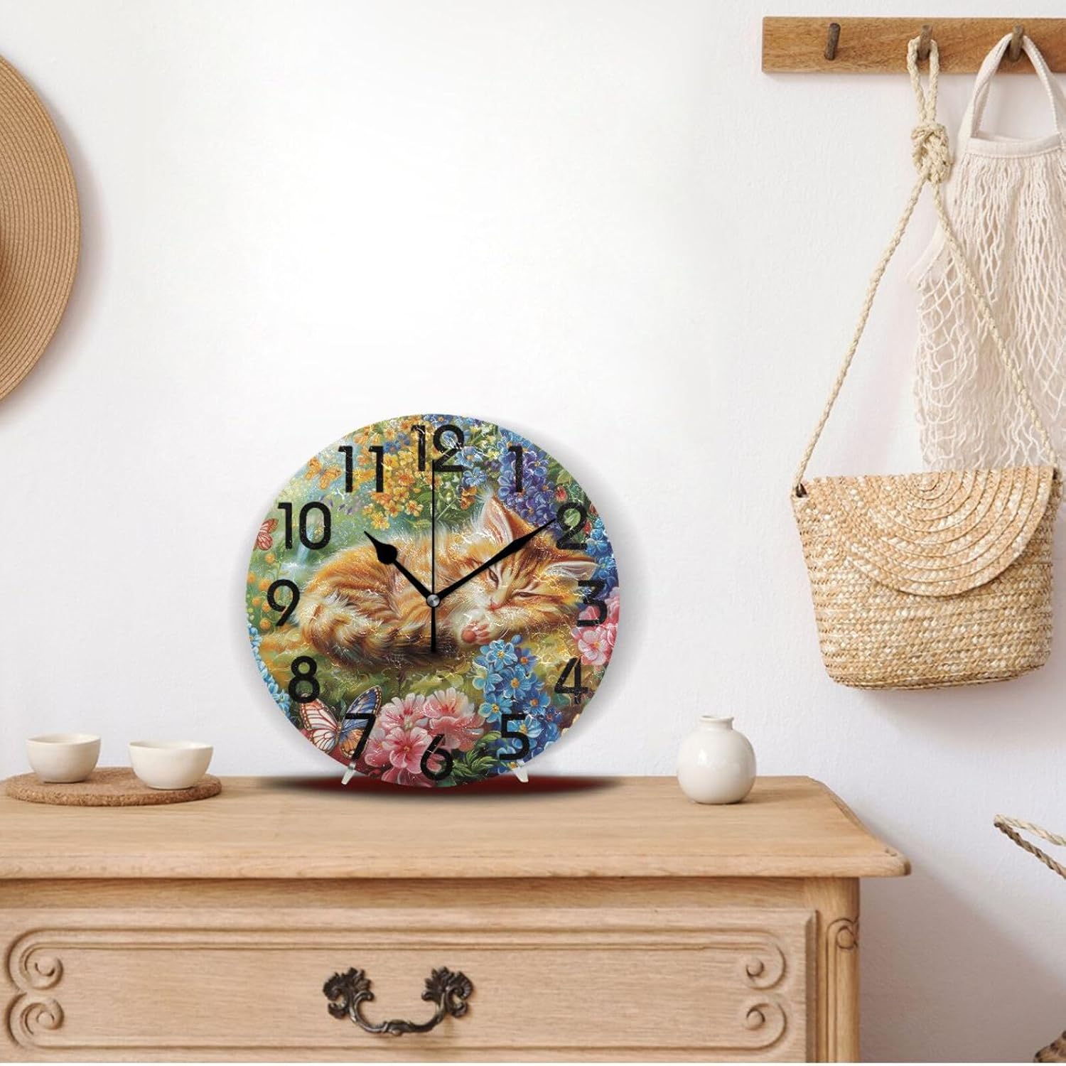 Beautiful Garden Flowers Dleeping Cat Butterfly Round Wall Clock, 10 Inch Analog Quiet Non Ticking Desk Clock for Home Kitchen/Living Room/Bedroom/Bathroom/Office
