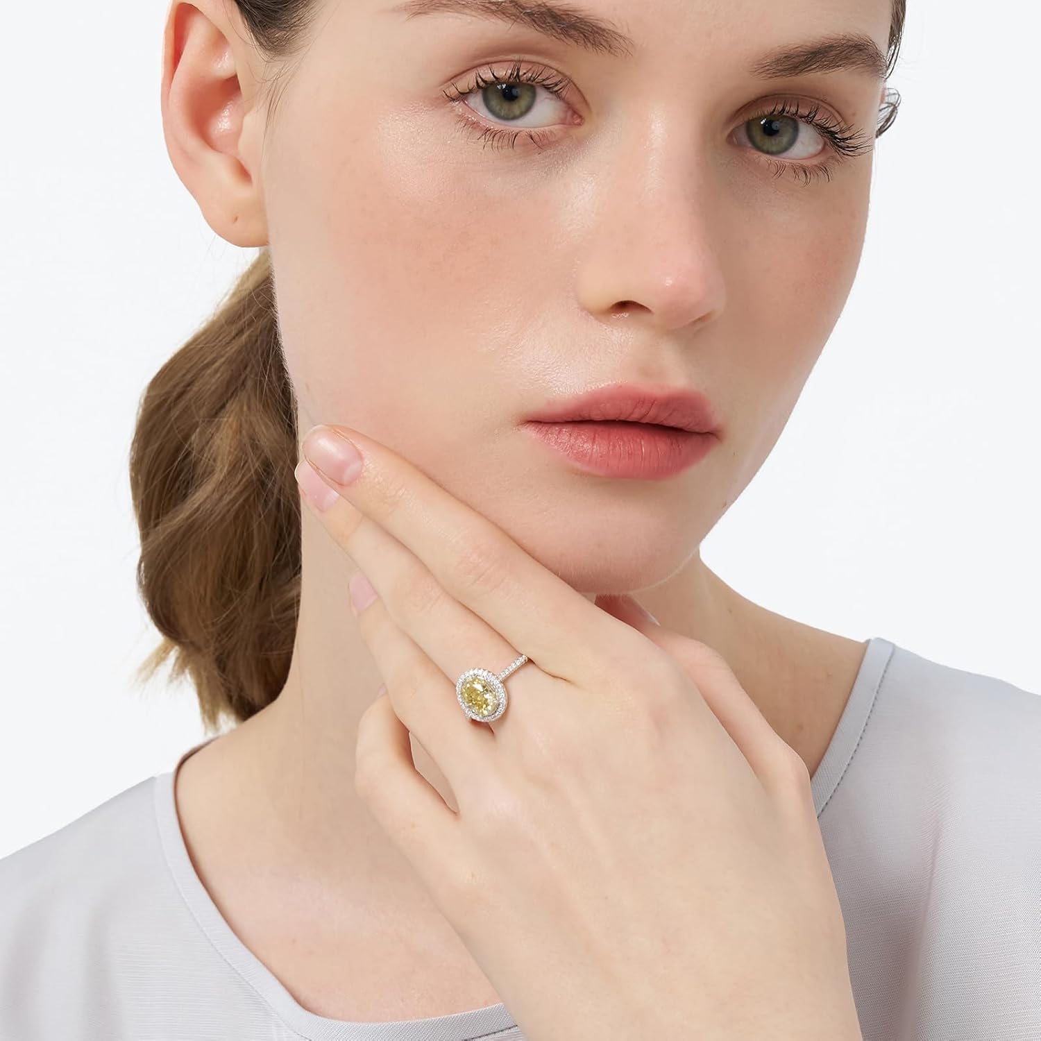 2.35CTTW Yellow Oval Moissanite Engagement Ring | 2CT Center Stone Halo Ring, 925 Sterling Silver 18K White Gold Plated | Moissanite Engagement Rings for Women, Perfect Valentine's Day Gift - Image 2