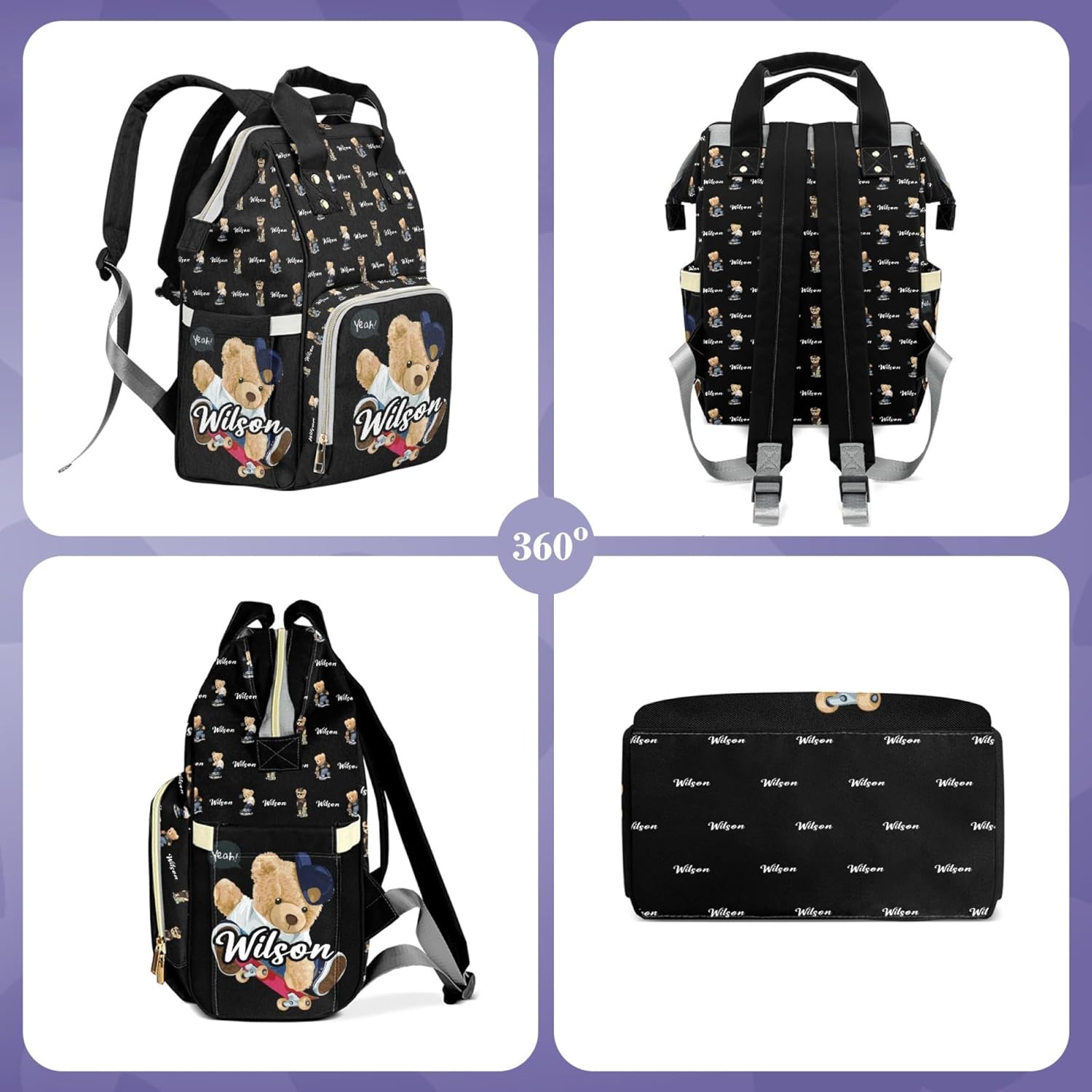 Custom Diaper Bag Backpack for Mommy - Personalized Bear Nursing Bag with Name Insulated Pockets and Travel Bag for Boys Girls