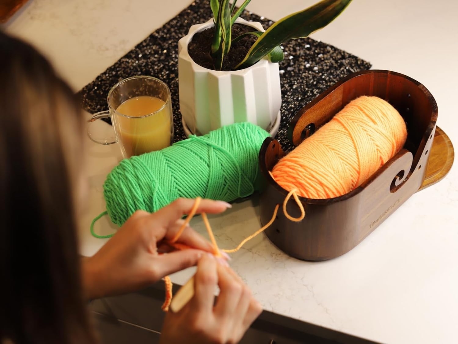 Oval Wooden Yarn Bowl – Premium Smooth Finish with Swirl Feed & Hook Holes – Anti-Slip Knitting & Crochet Yarn Holder