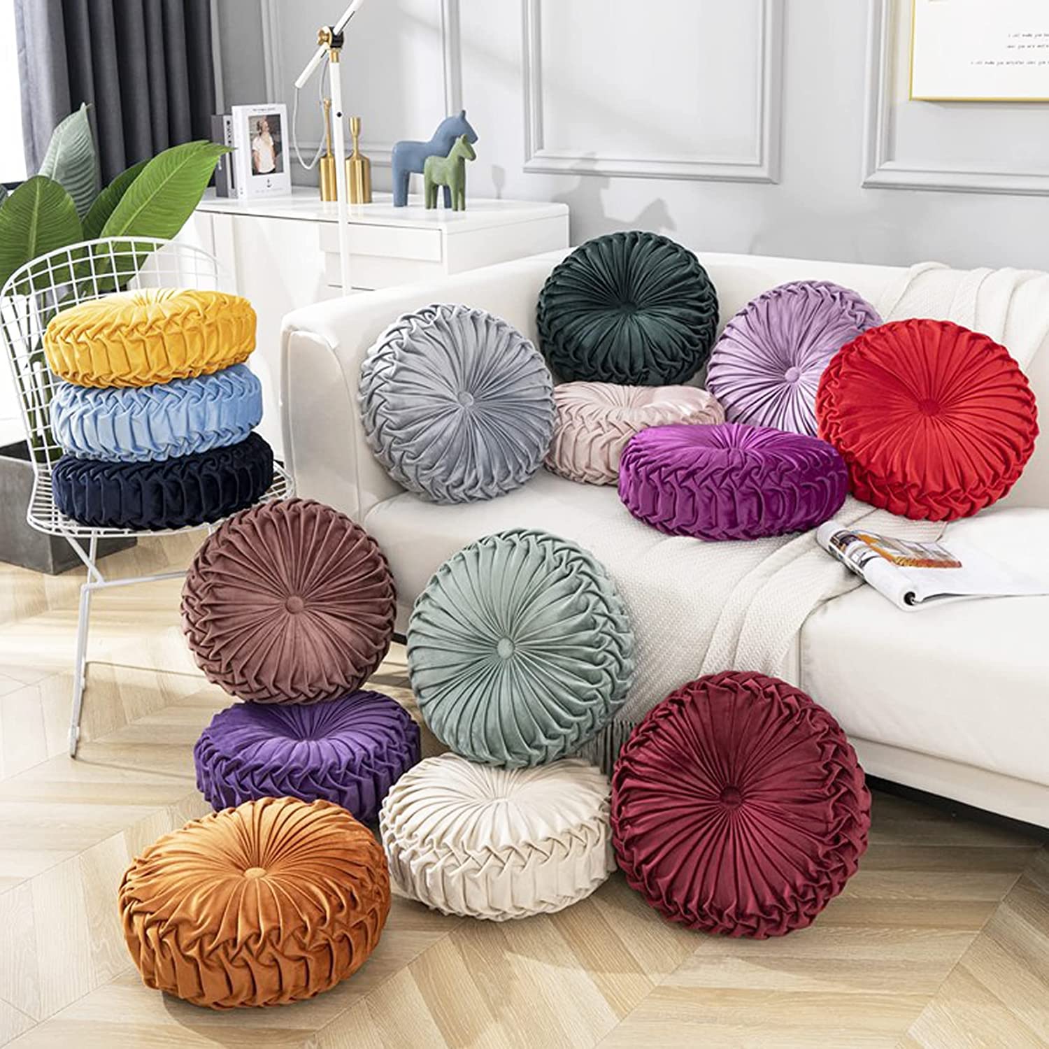 Ronde Fluwelen Sierkussen Geplooide Pompoen Kussen Stoel Kussen Vloer Kussen Decoratie voor Thuis Slaapbank Erker Auto (A 40cm/16in(Set of 4
