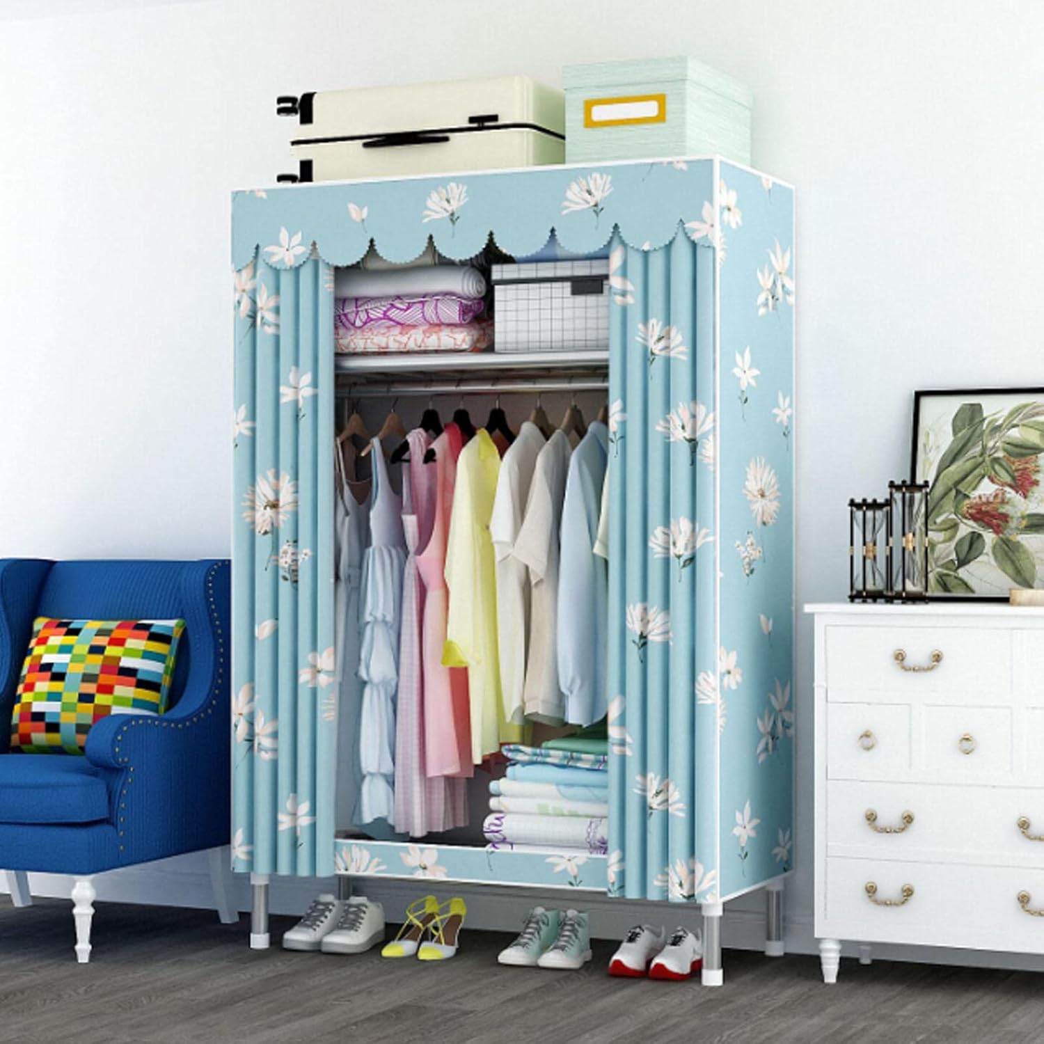 Wardrobe,Portable Canvas Wardrobe Shelves with Hanging Rail,Shelves,Fabric Wardrobe,Clothes Closet Storage Organizer for Bedroom,A-85x45x175cm