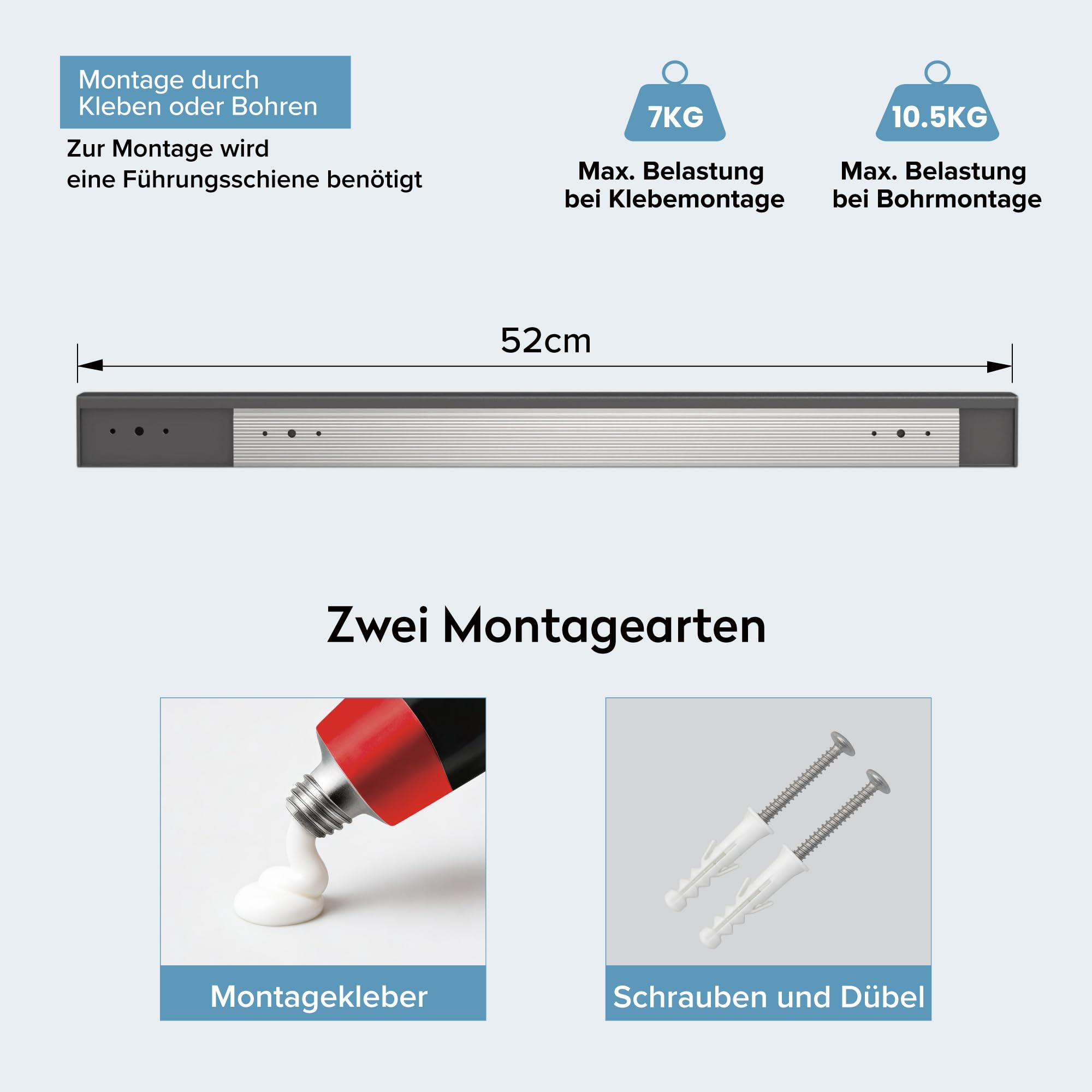 doporro Küchen-Organizer 52cm mit Topfdeckelhalter und 2 Besteckhalter | Hakenleiste Küche 52 cm aus Metall, mit 3 Ebenen Deckelhalter und 5 Haken, Küchen Wandregal Schrauben oder Kleben, Grau Reglo