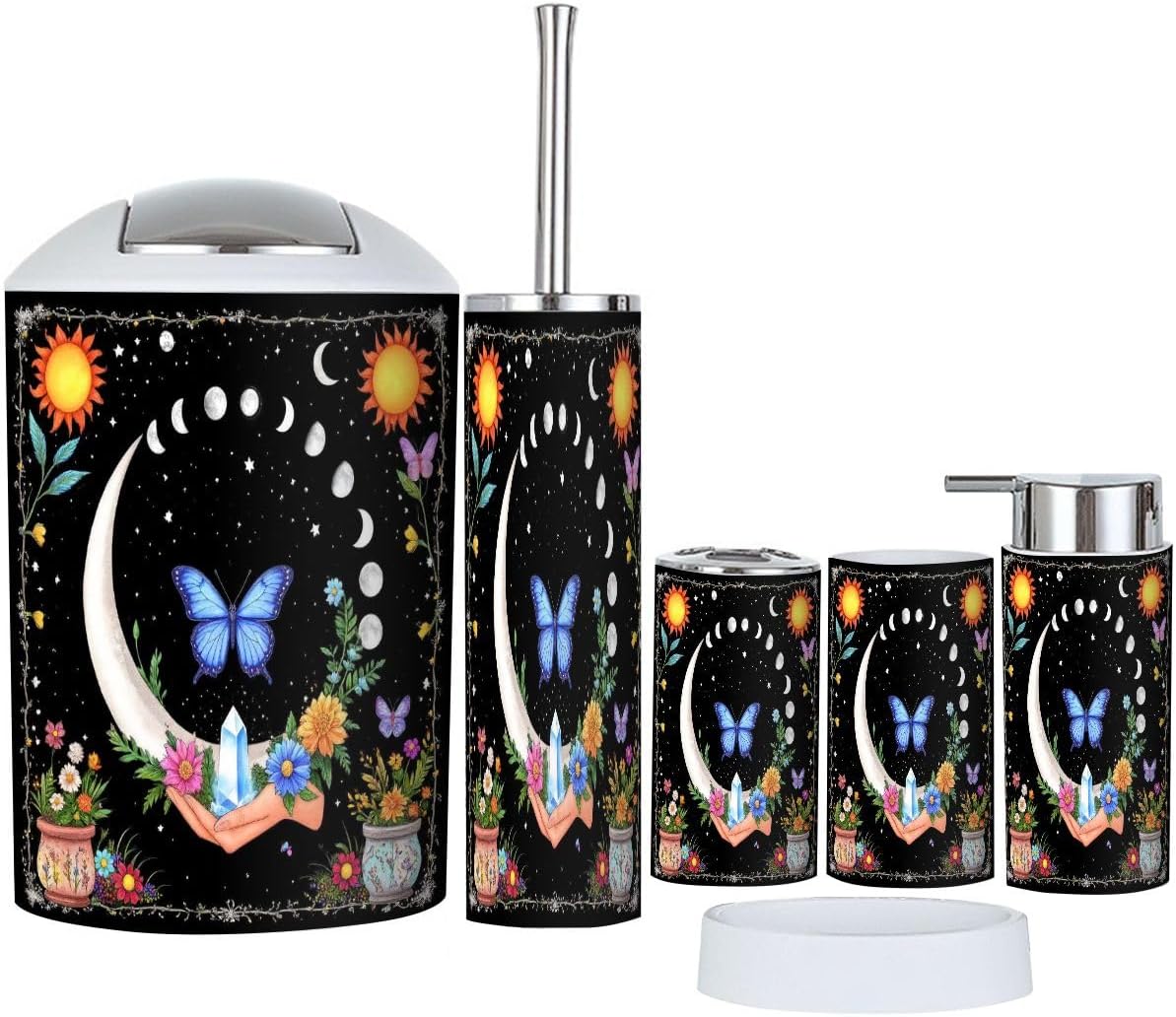 Bathroom Accessories Set 6 Pcs Bear Print Wild Animals Rustic Cabin Forest Wooden Board Grizzly Bear Toothbrush Holder Cup Soap Dispenser Soap Dish Toilet Brush Holder Trash Can for Countertop Decor