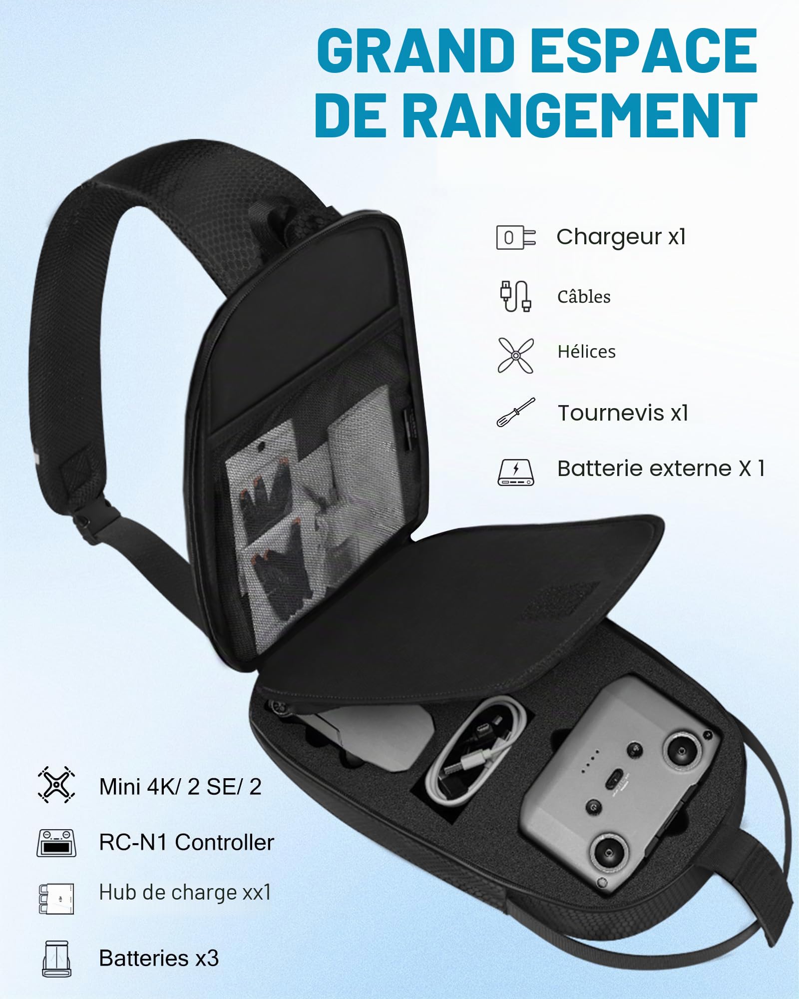 PEKREWS Sac pour Mini 4K, Sac Bandoulière Portable pour DJI Mini 4K/2/2 SE, RC-N1, Sac De Voyage pour Drone Station De Charge Et 3 Batteries, Valise Rigide Déperlante pour Accessoires