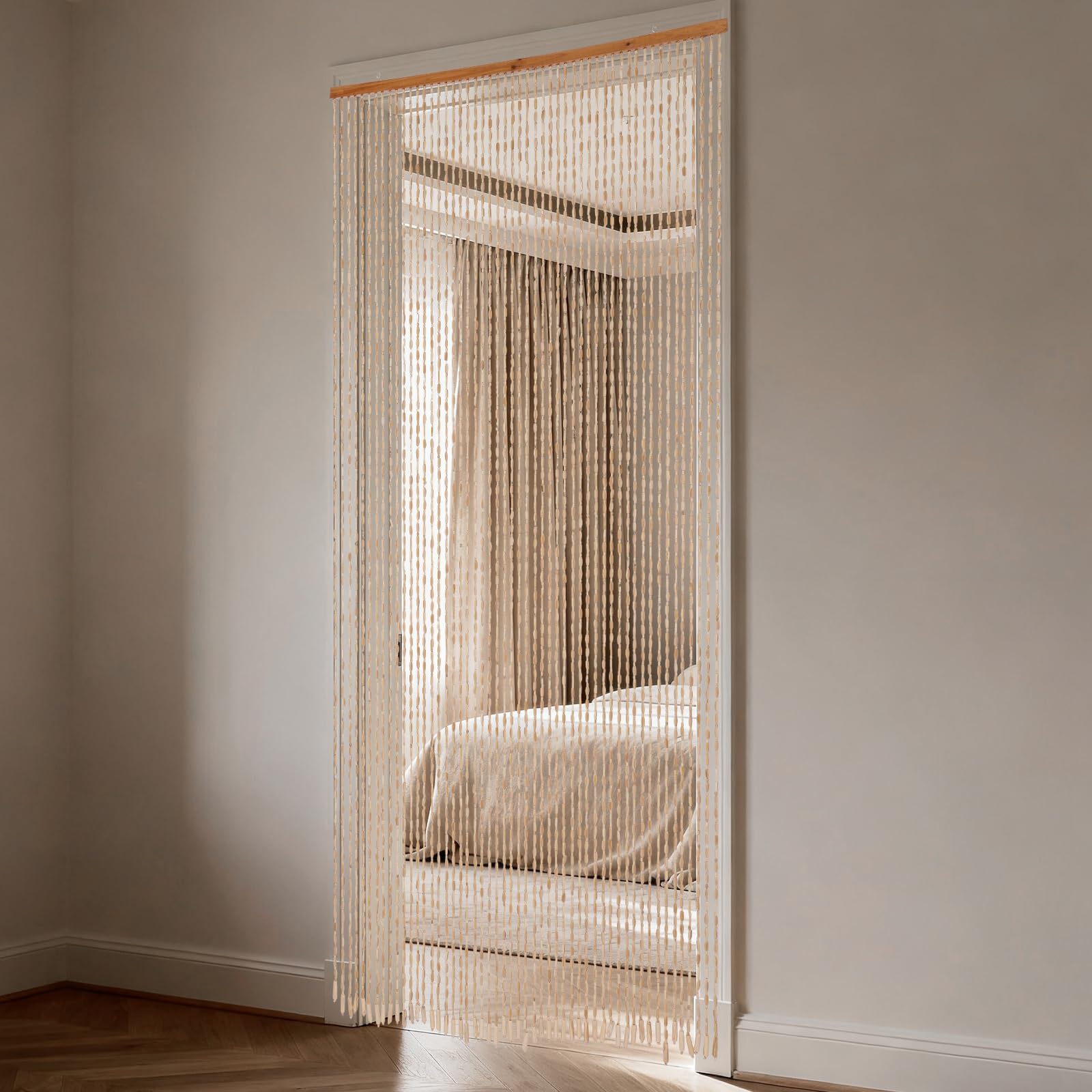 Rideau de porte rétro en perles de bois - 52 lignes - Rideau de porte en perles de bois - Rideau anti-mouches - Rideau de séparation en fil de bambou - 200 x 90 cm