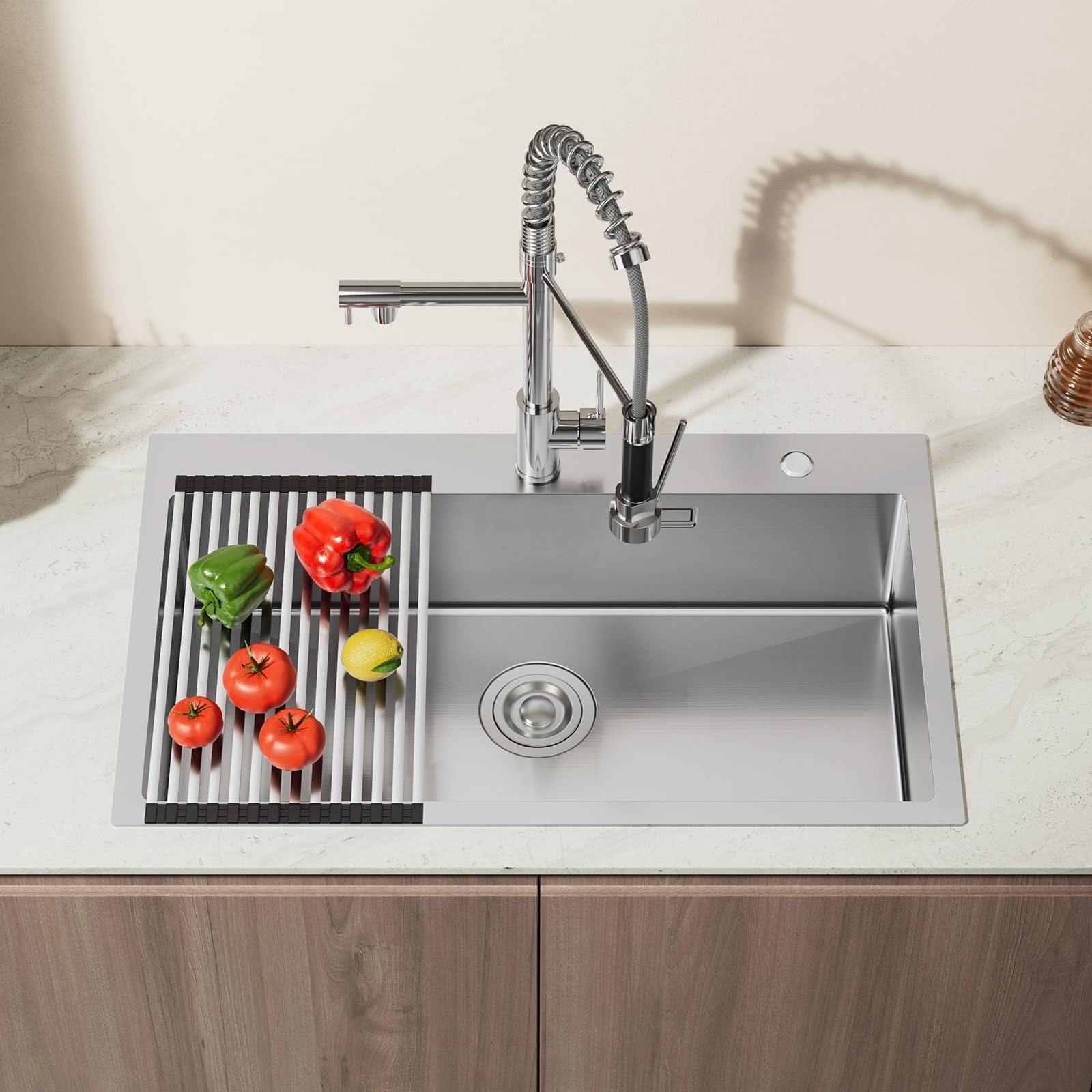 CECIPA Lavello Cucina 1 Vasca 75x45 cm, Lavandino Cucina con Tenda a Rullo Scarico, Lavello in Acciaio Inox 304 per Mobile di lunghezza 80cm con Sifone e Scarico